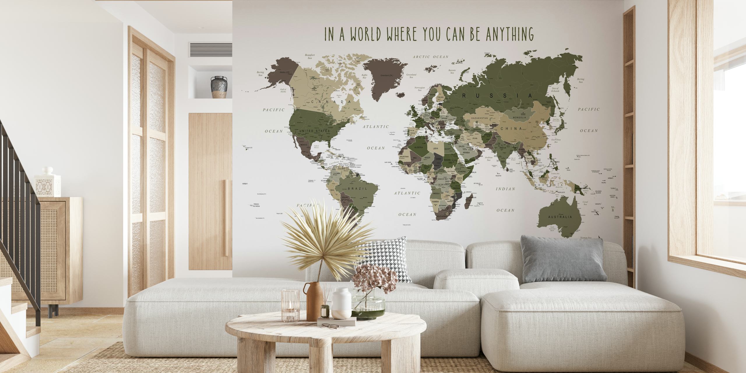 Be Kind World Map tapet i et stilrent rom