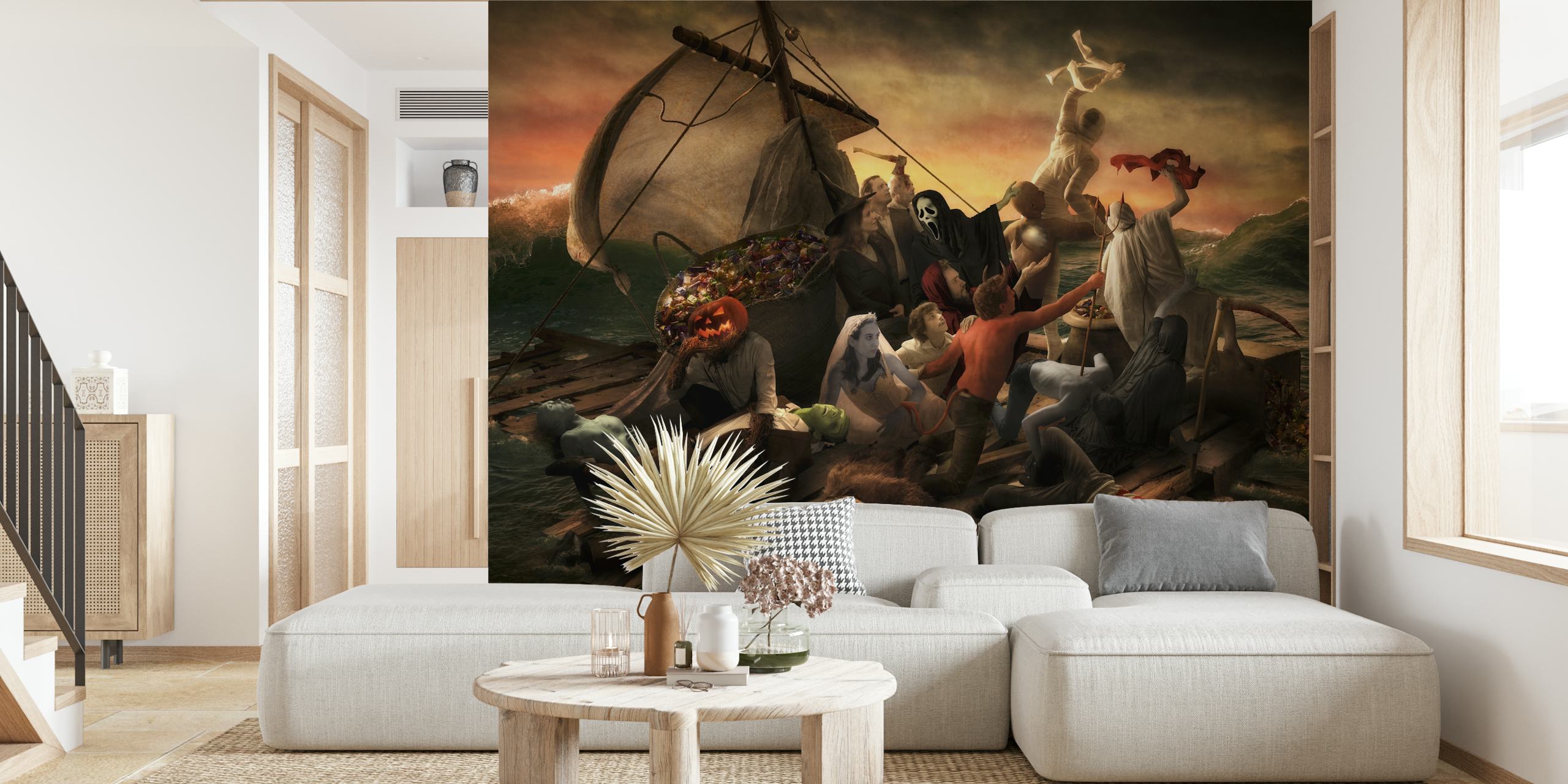 Halloween-themed wall mural featuring ghostly figures and jack-o'-lanterns on a dark sea