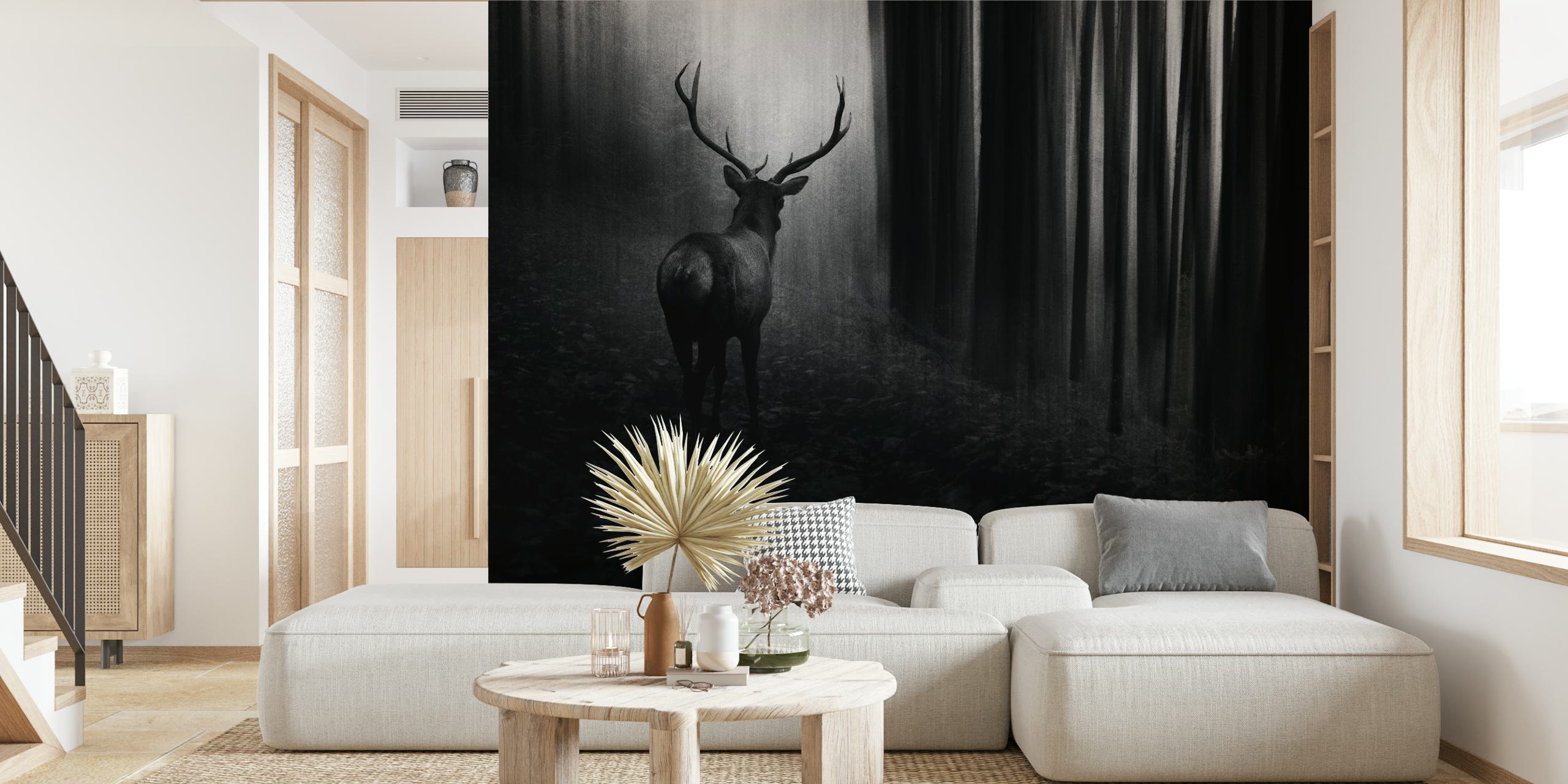 Stag in a misty forest wall mural for home decor
