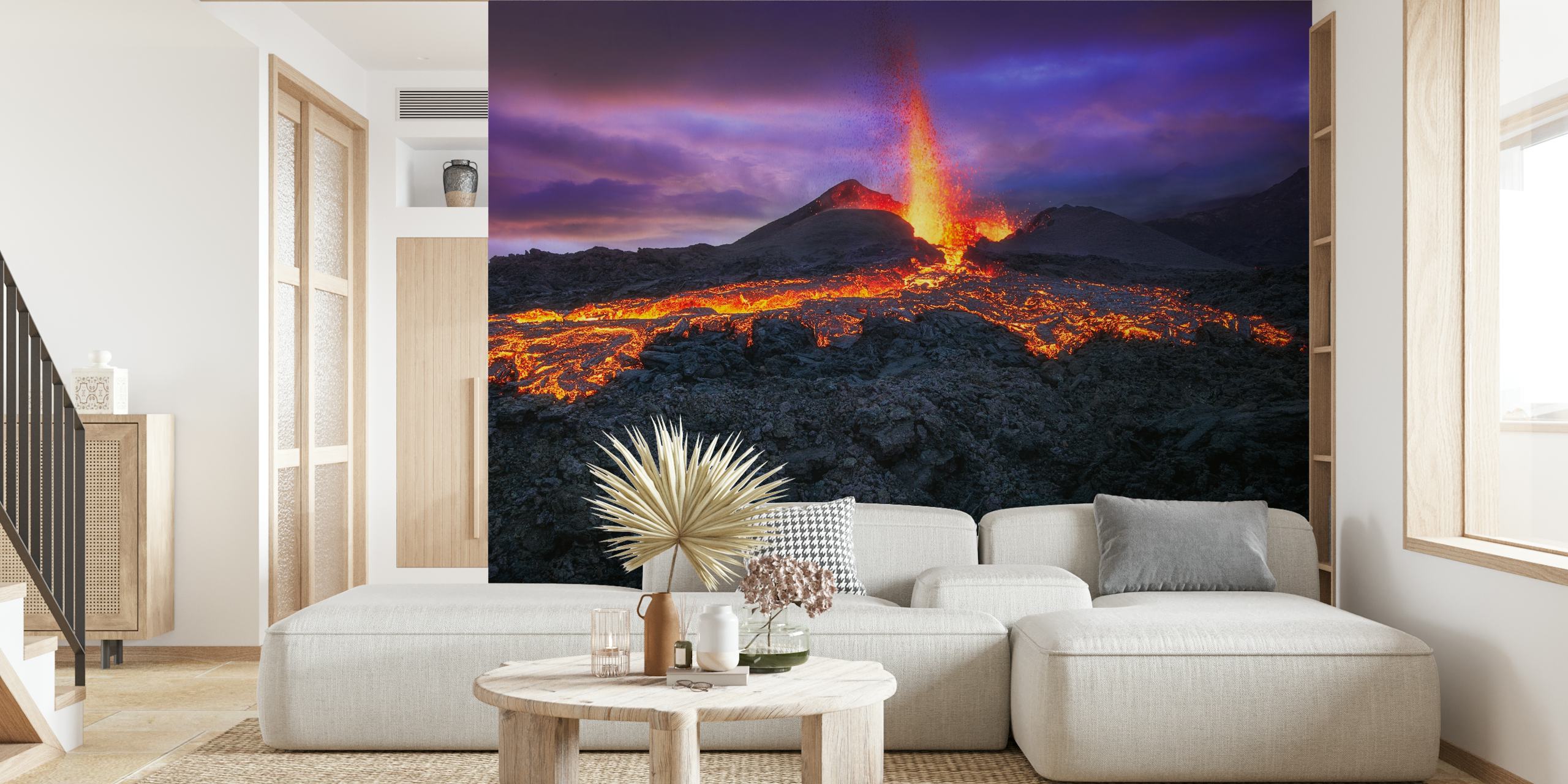 Volcanic eruption with glowing lava and dark rocky landscape wallpaper
