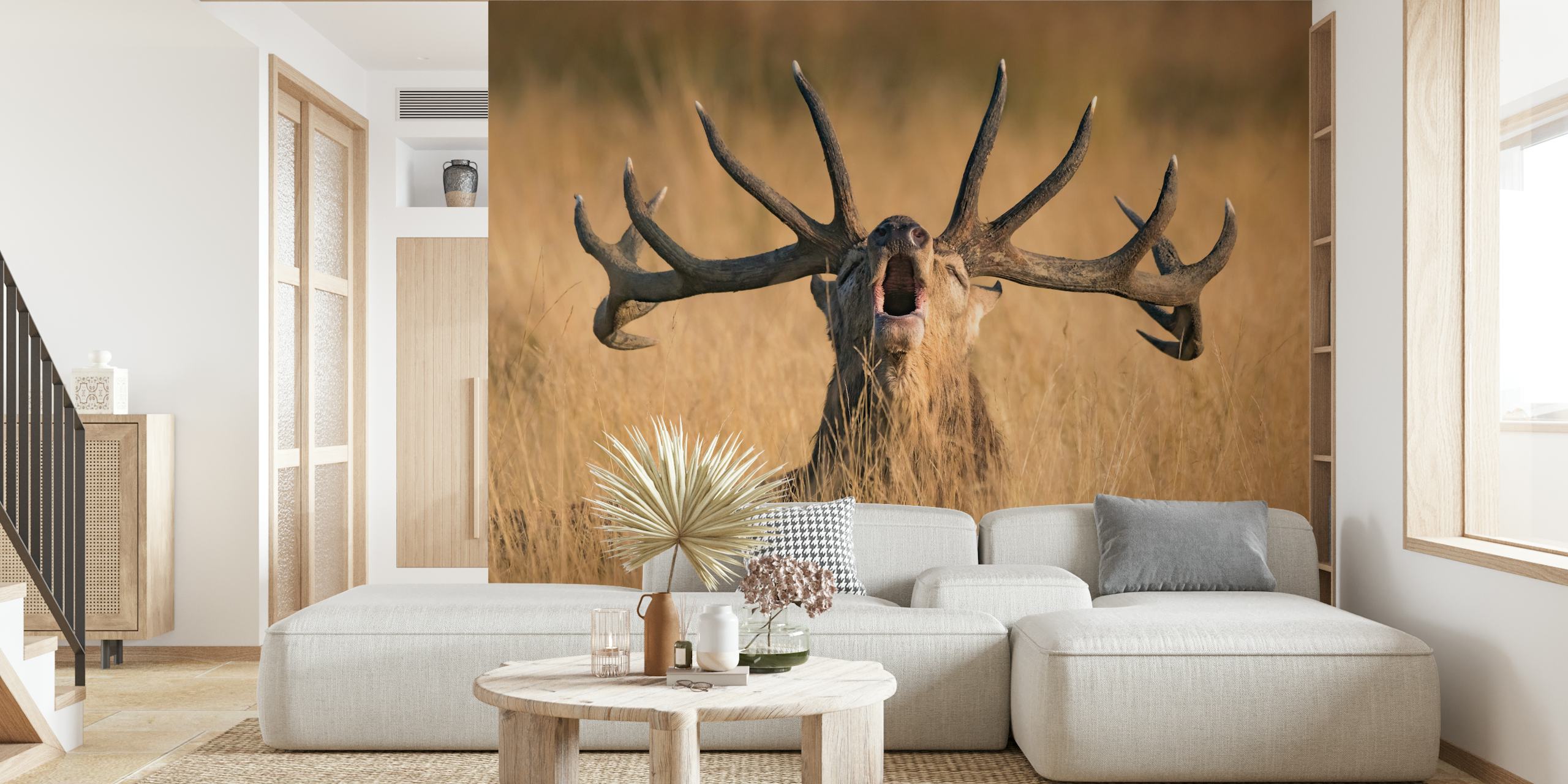Design de papel de parede de cervo majestoso em uma sala
