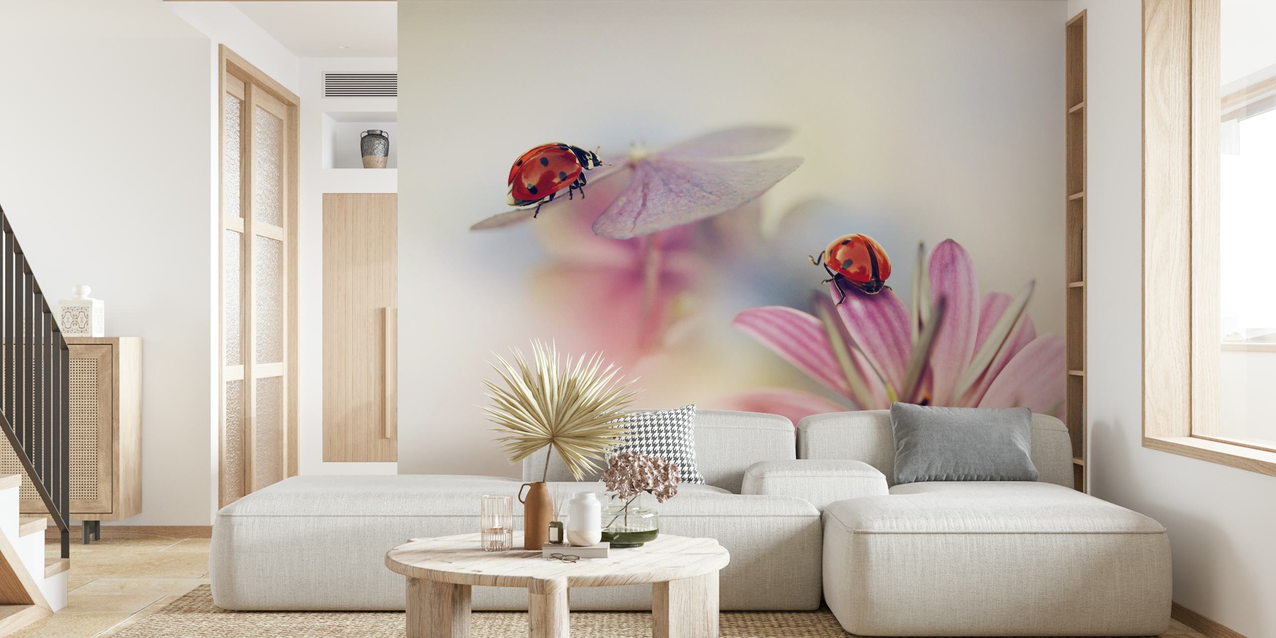 Pink floral design with ladybugs in a soft focus wallpaper