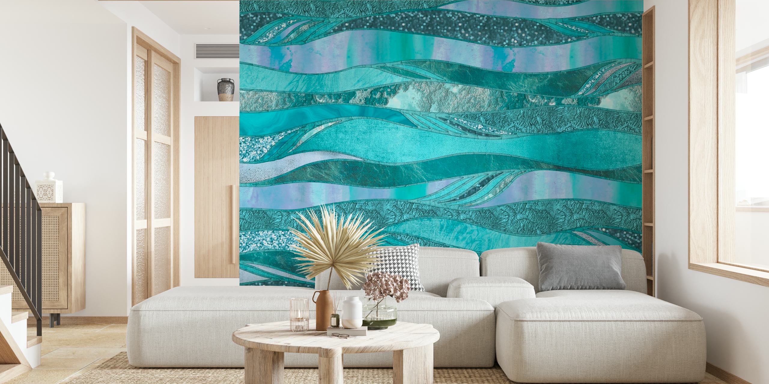 Elegant aqua- och krickafärgad tapet med en skimrande glamorös design