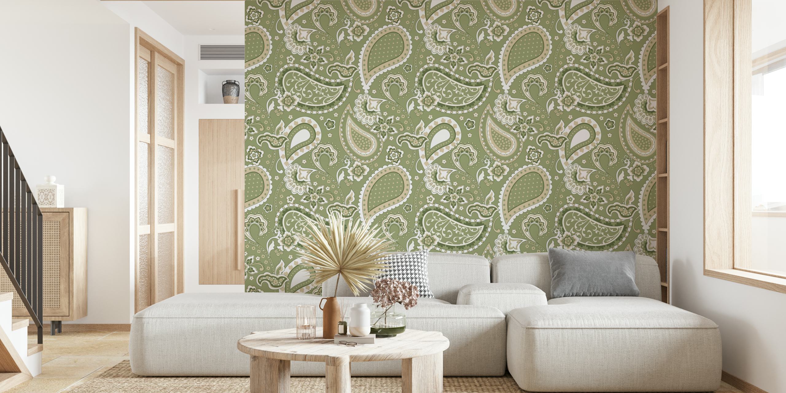 Tapeta Paisley olive sage beige w pokoju