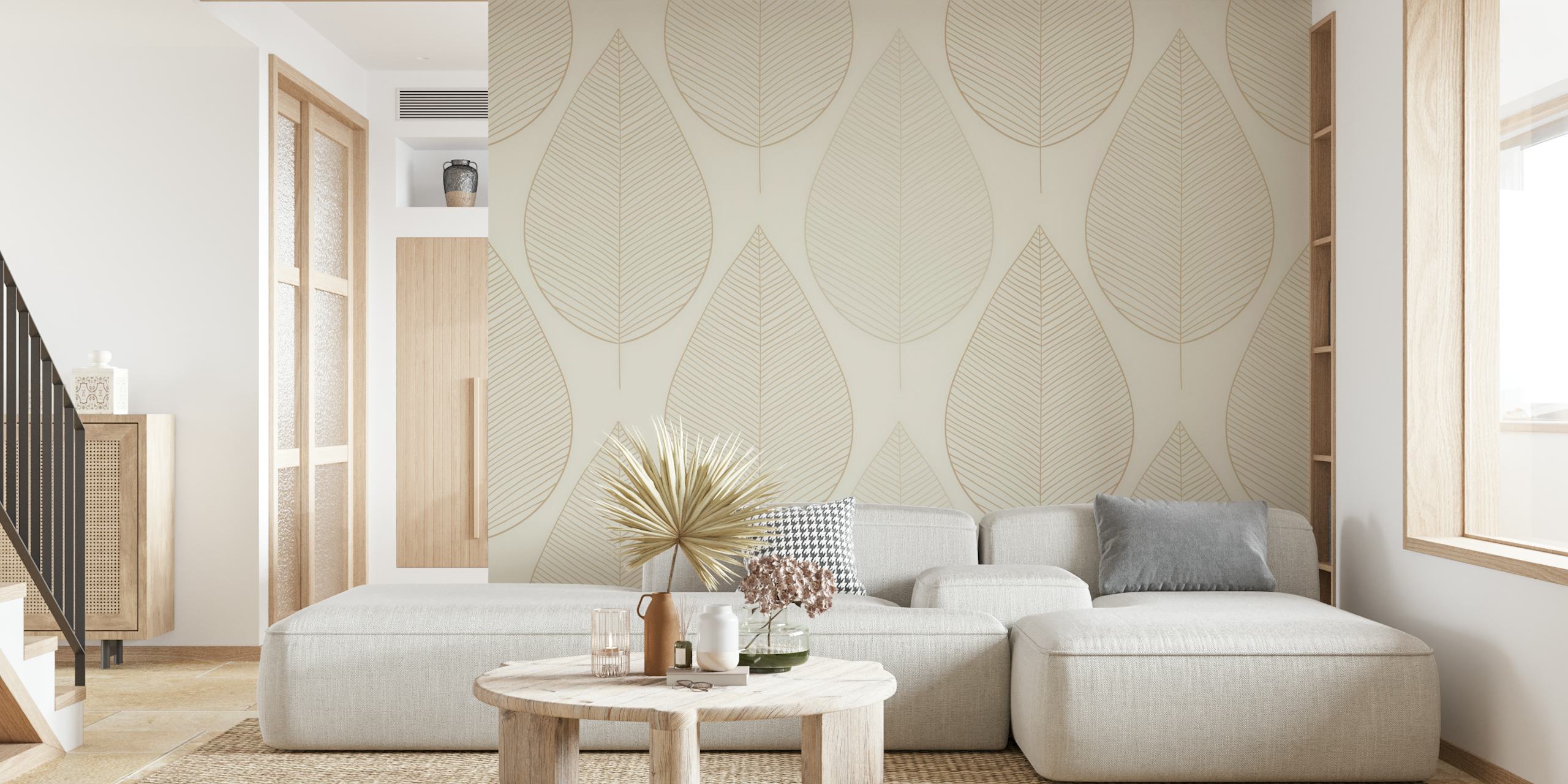 Beige leaf pattern on cream background wallpaper