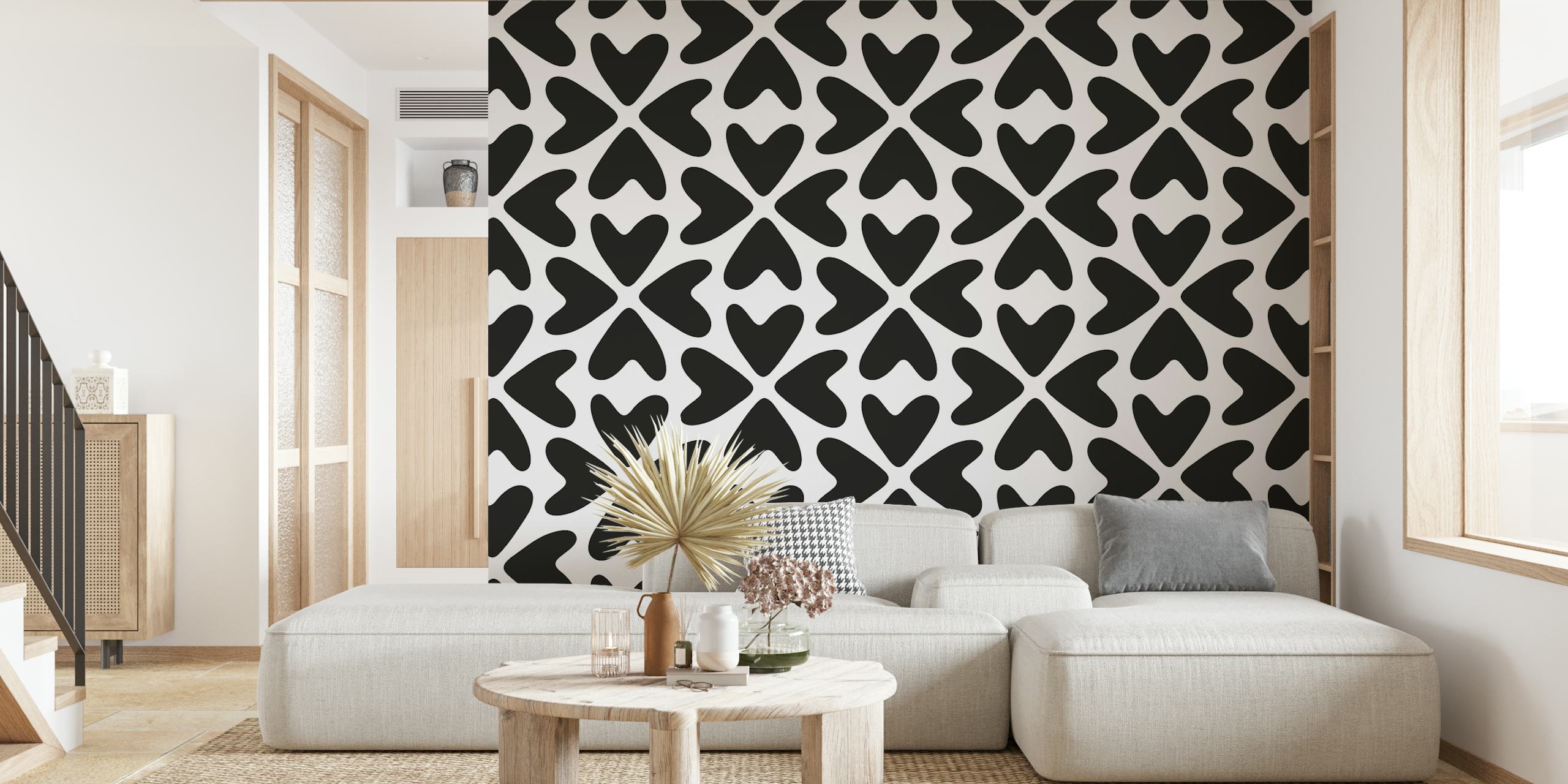 Black and white floral pattern wallpaper with heart shapes