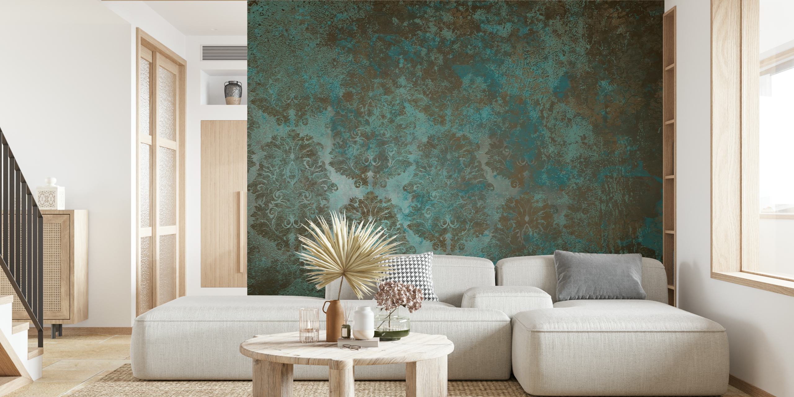 Teal olive damask pattern on rustic background wallpaper
