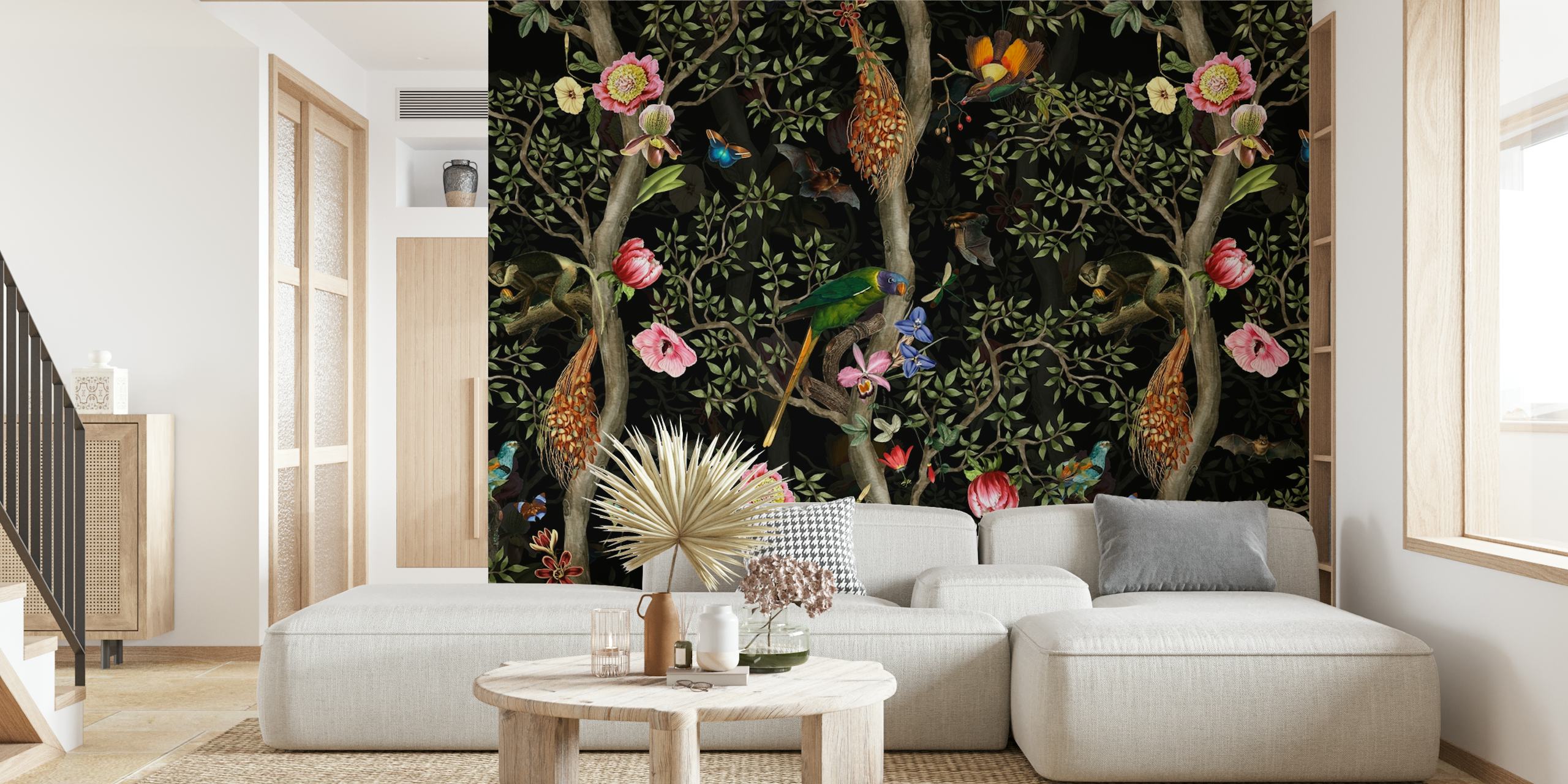 Chinoiserie fotobehang met tropische vogels en bloemmotieven op een donkere achtergrond
