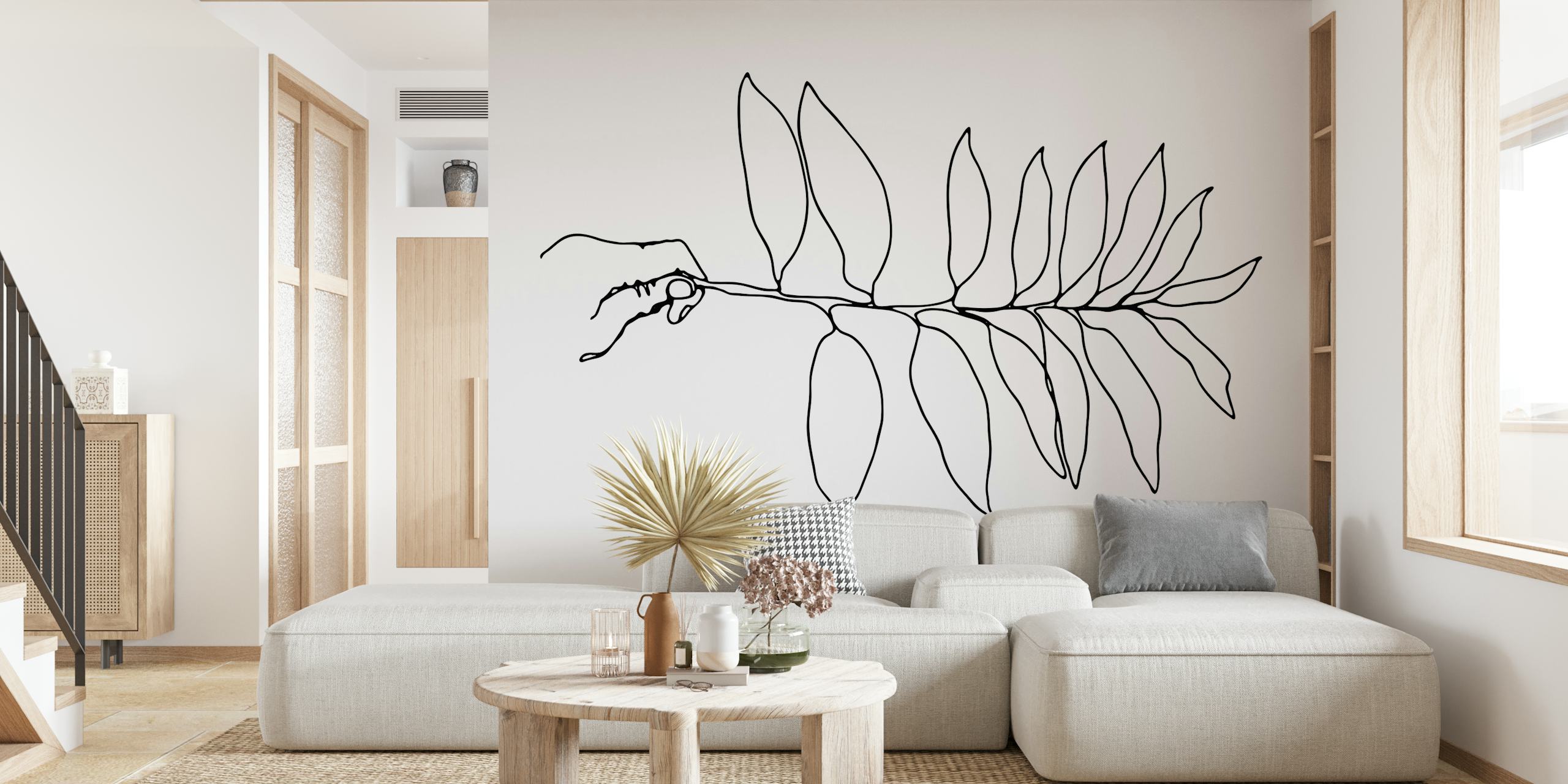 Mural de parede de arte minimalista com uma mão segurando uma folha