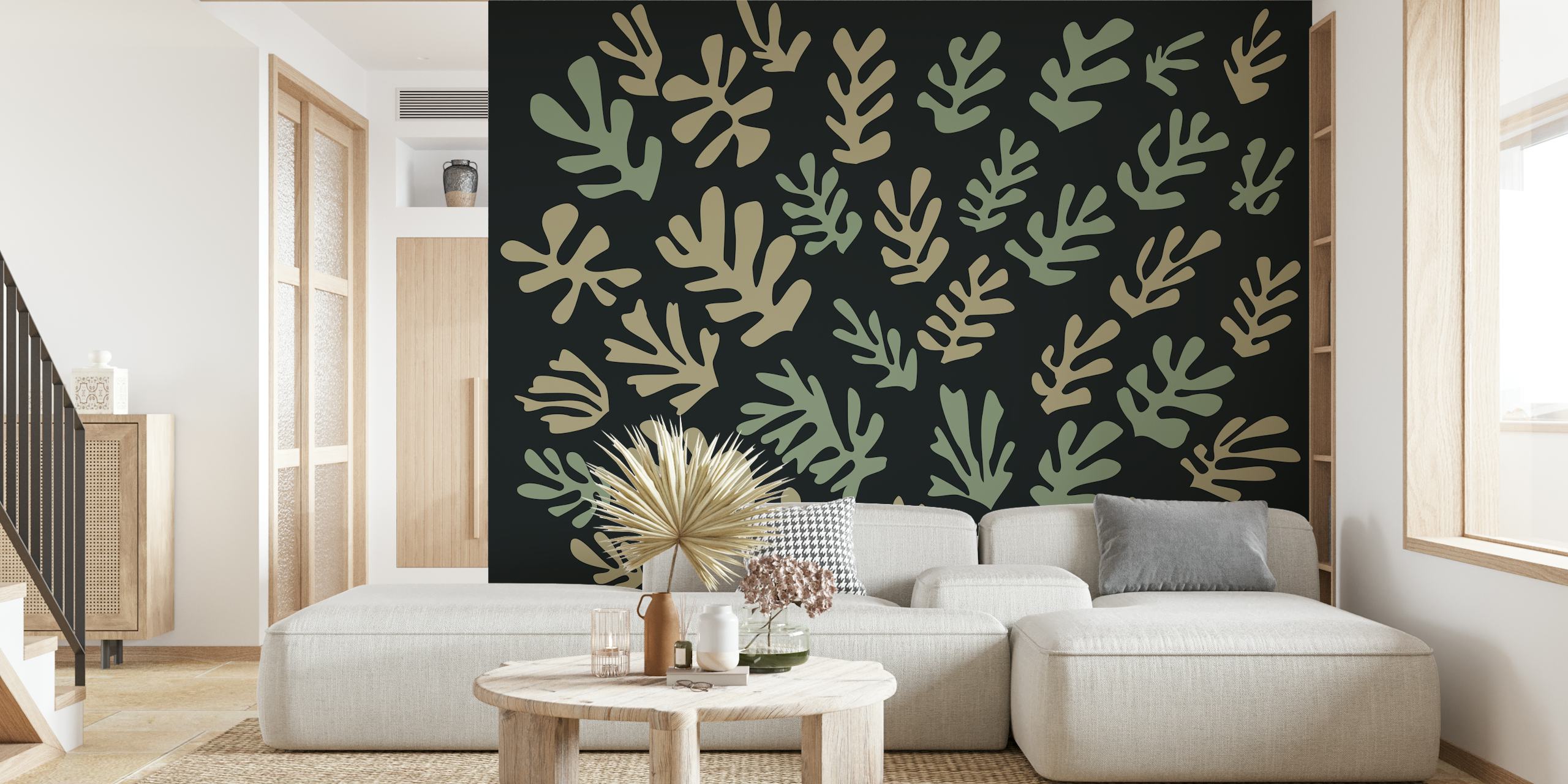Abstract green leaves pattern wall mural in Matisse-inspired style