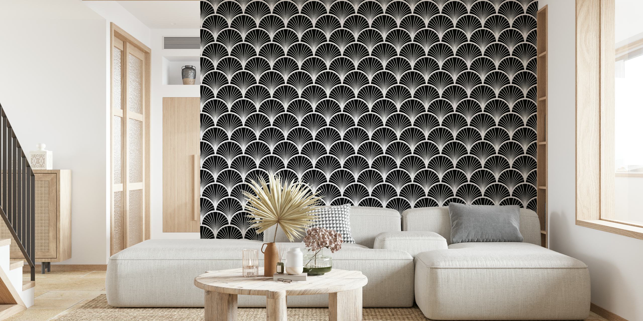 Black and white fan pattern wallpaper in Art Deco style
