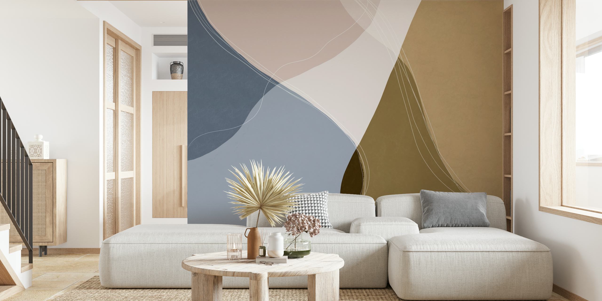 Modern abstract geometric wall mural in blue, pink, and neutral tones