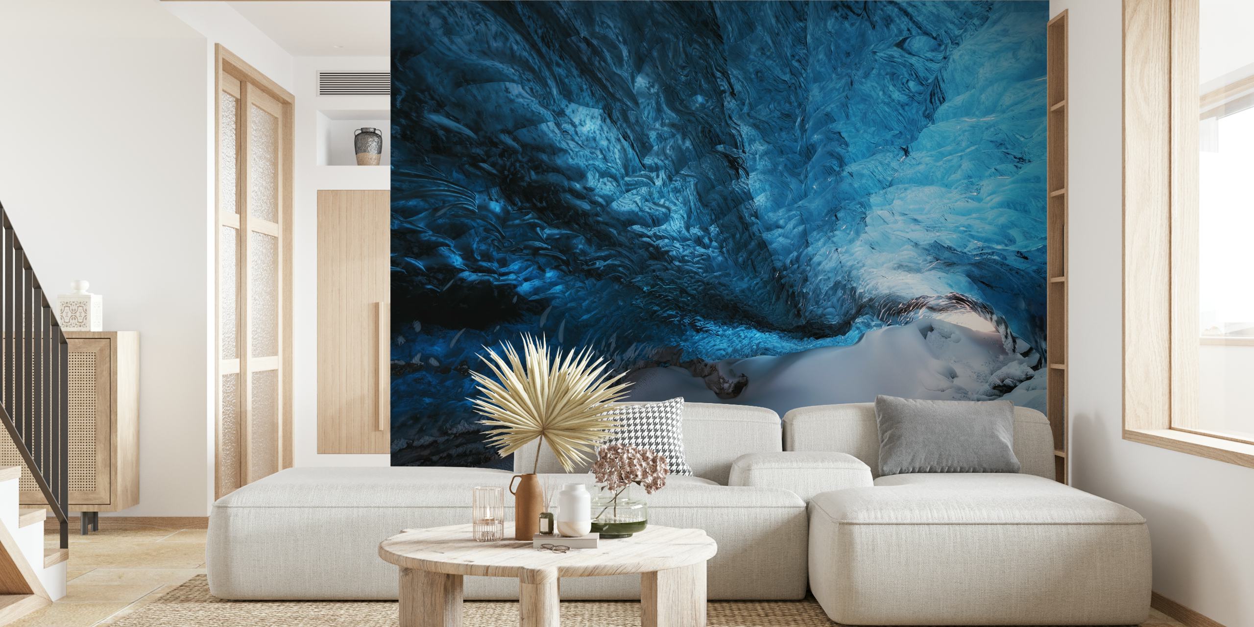 Blue cavern-like wallpaper in room display