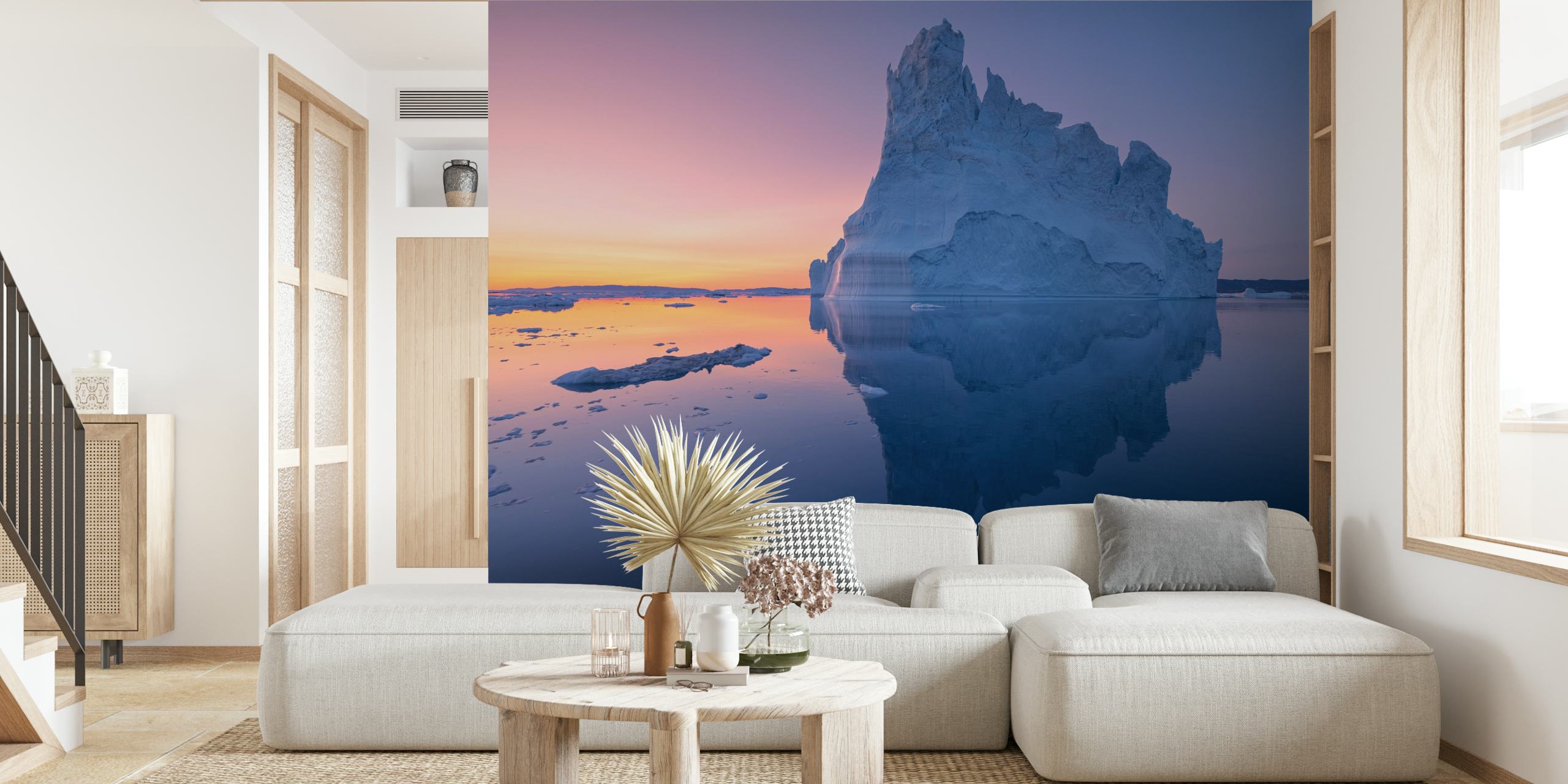 Abstract iceberg silhouette at sunset with pink and blue colors wallpaper