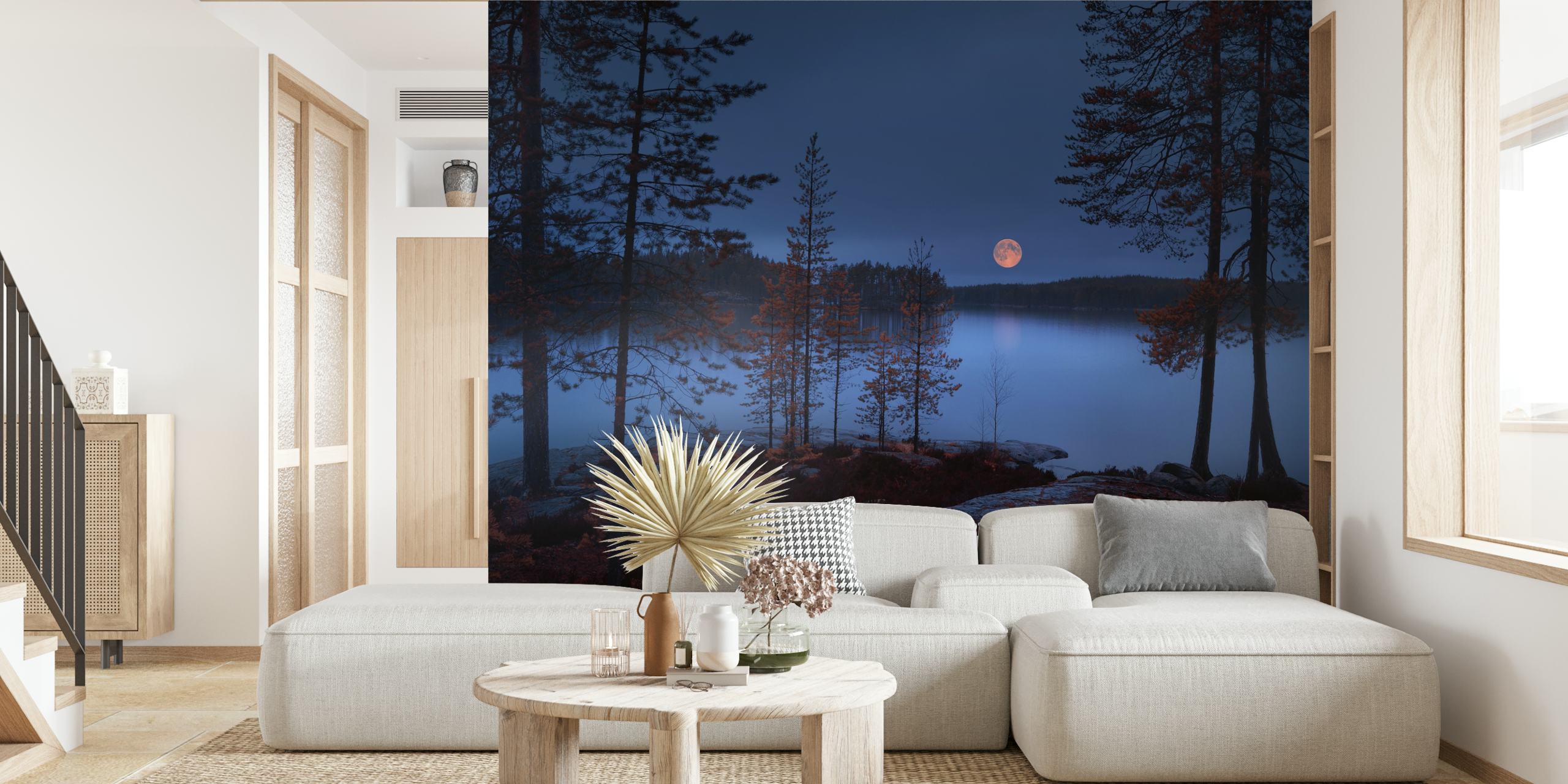Moonlit landscape with red moon, trees, and water wallpaper