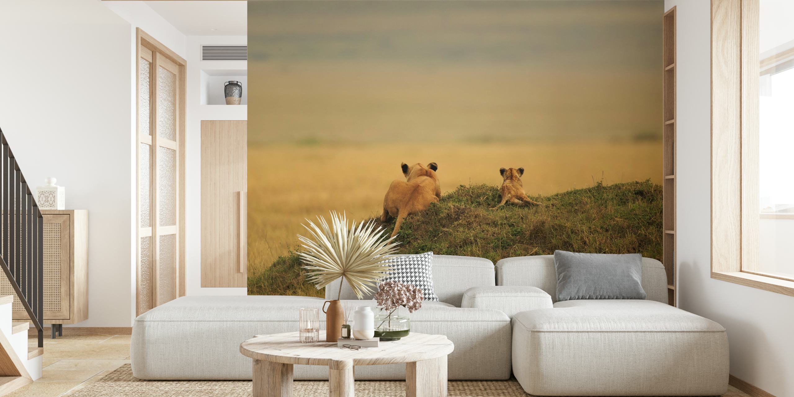 Lion mother and cub overlooking a savanna landscape wallpaper