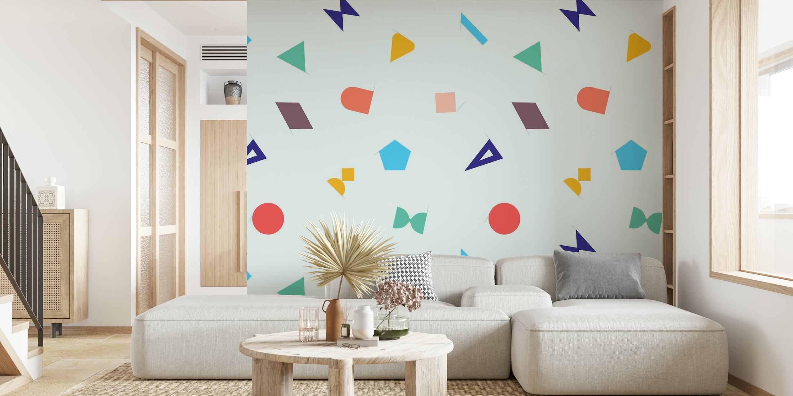 Geo II abstracte geometrische vormen muurschildering met pastelkleuren