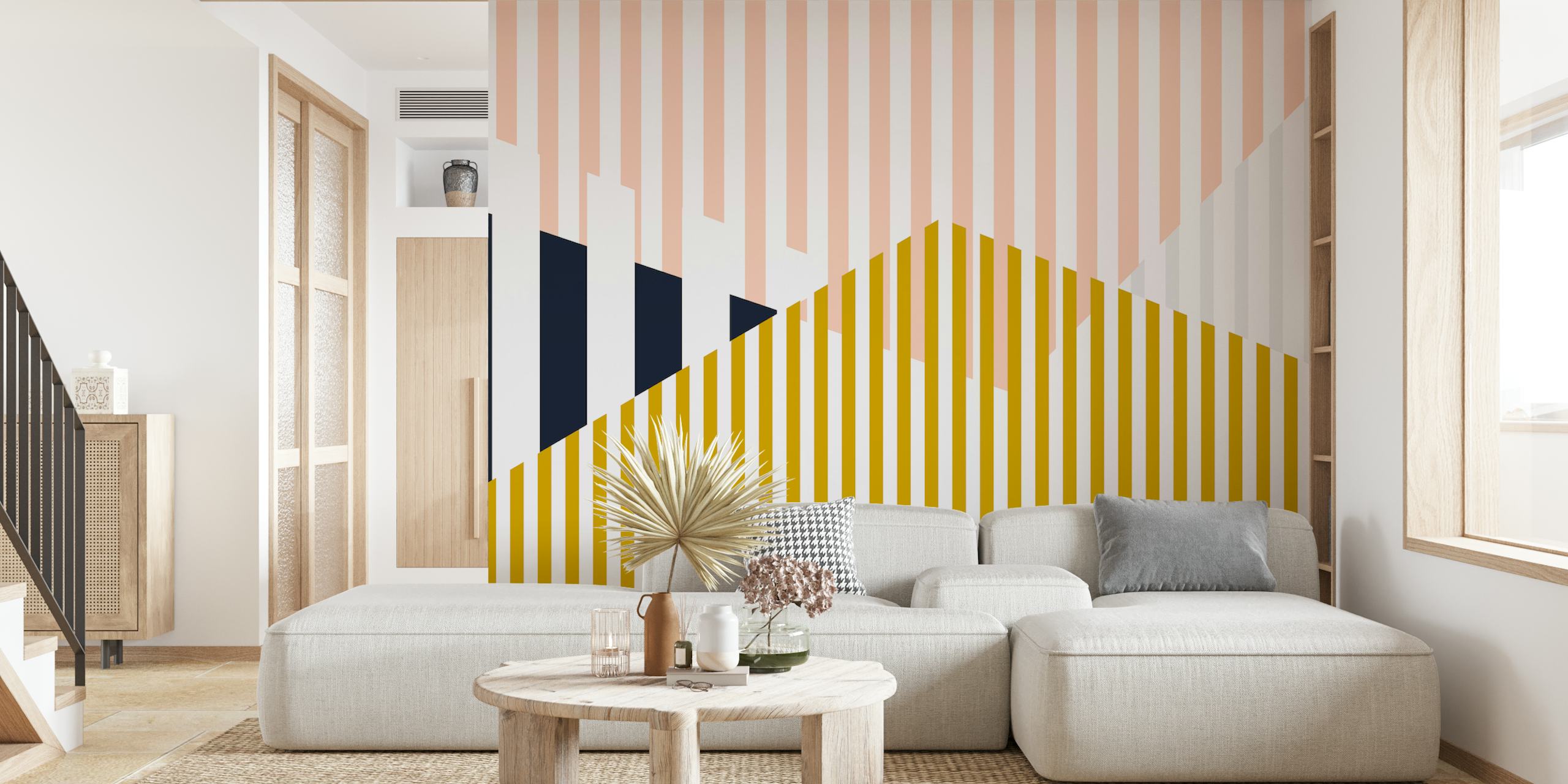 Geometric striped wallpaper in mustard, black, white, and pink.