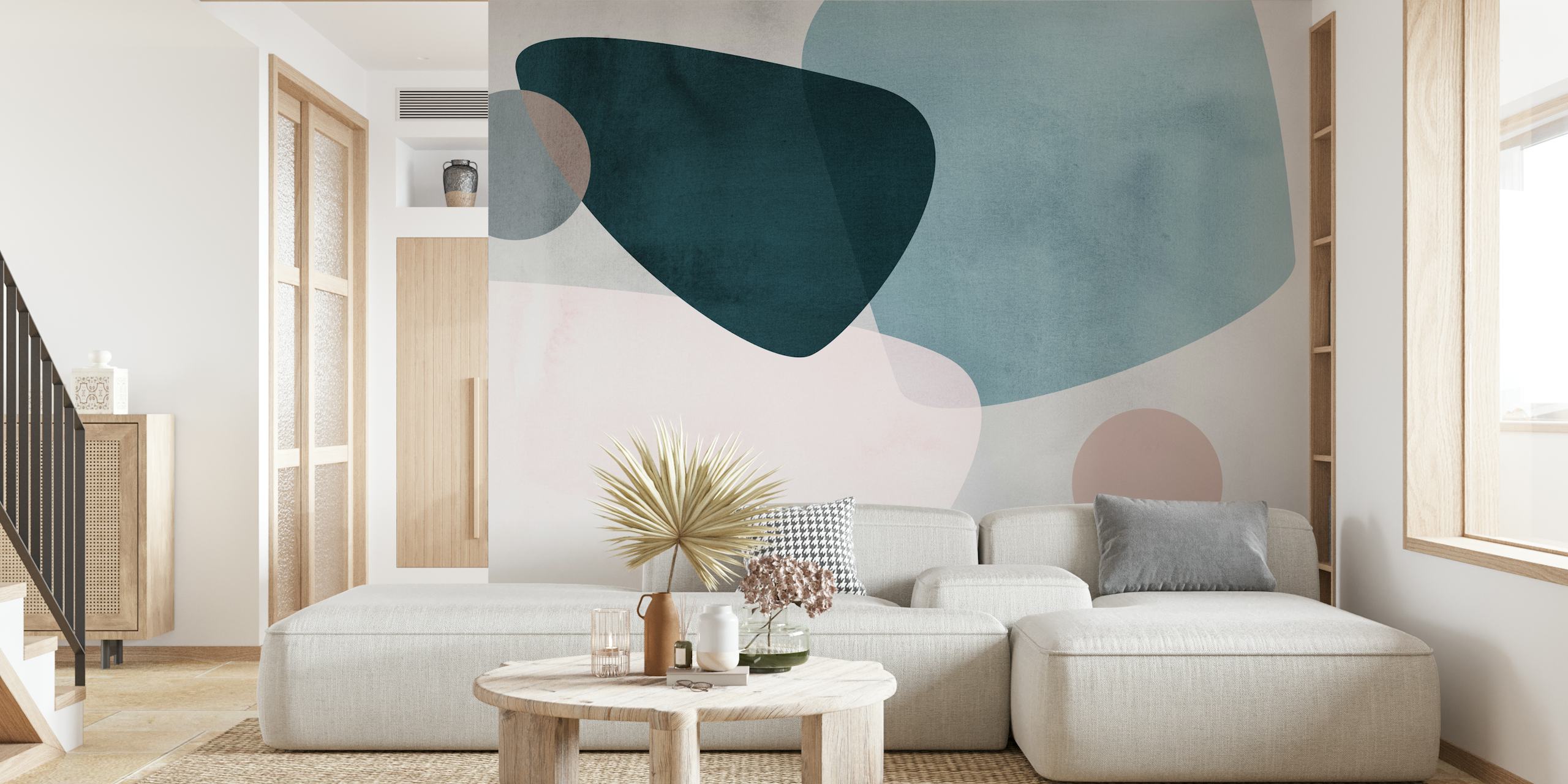 Blue and pink abstract shapes on a light background wallpaper