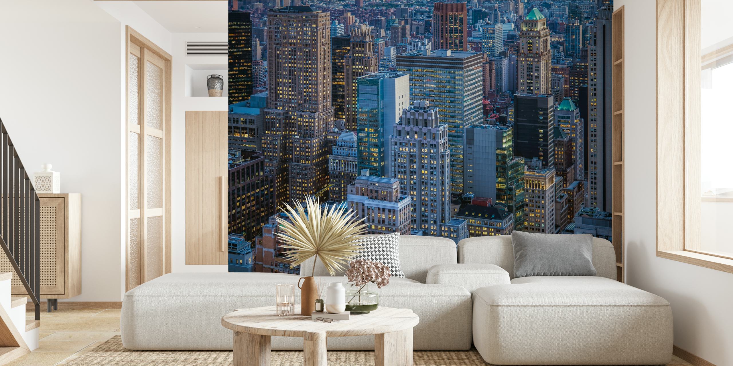 City skyline at dusk with illuminated buildings wallpaper