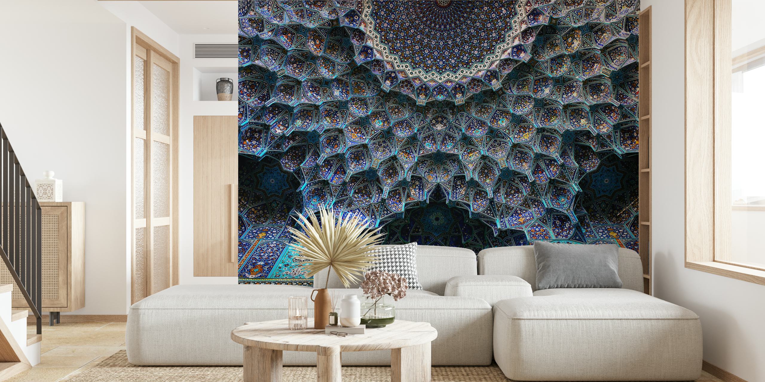 Geometric patterned blue and turquoise mosque wallpaper