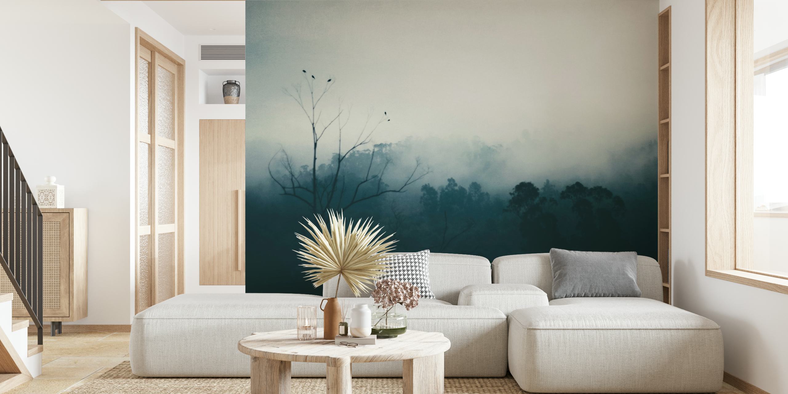 Misty landscape with birds in trees wallpaper