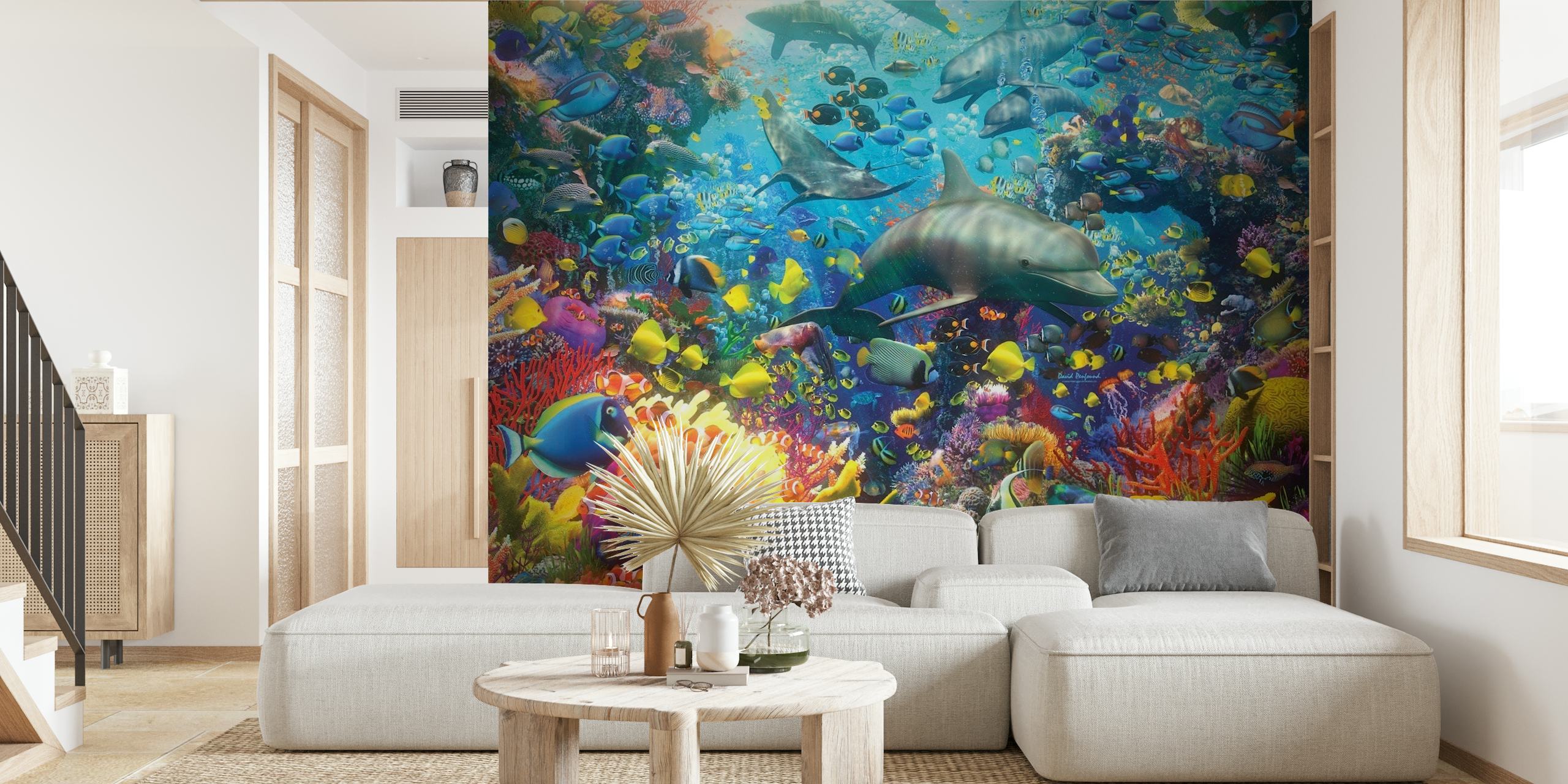Värikäs vedenalainen kohtaus, jossa on koralliriutta, trooppisia kaloja ja hai, seinämaalaukseen "Punainen meri".