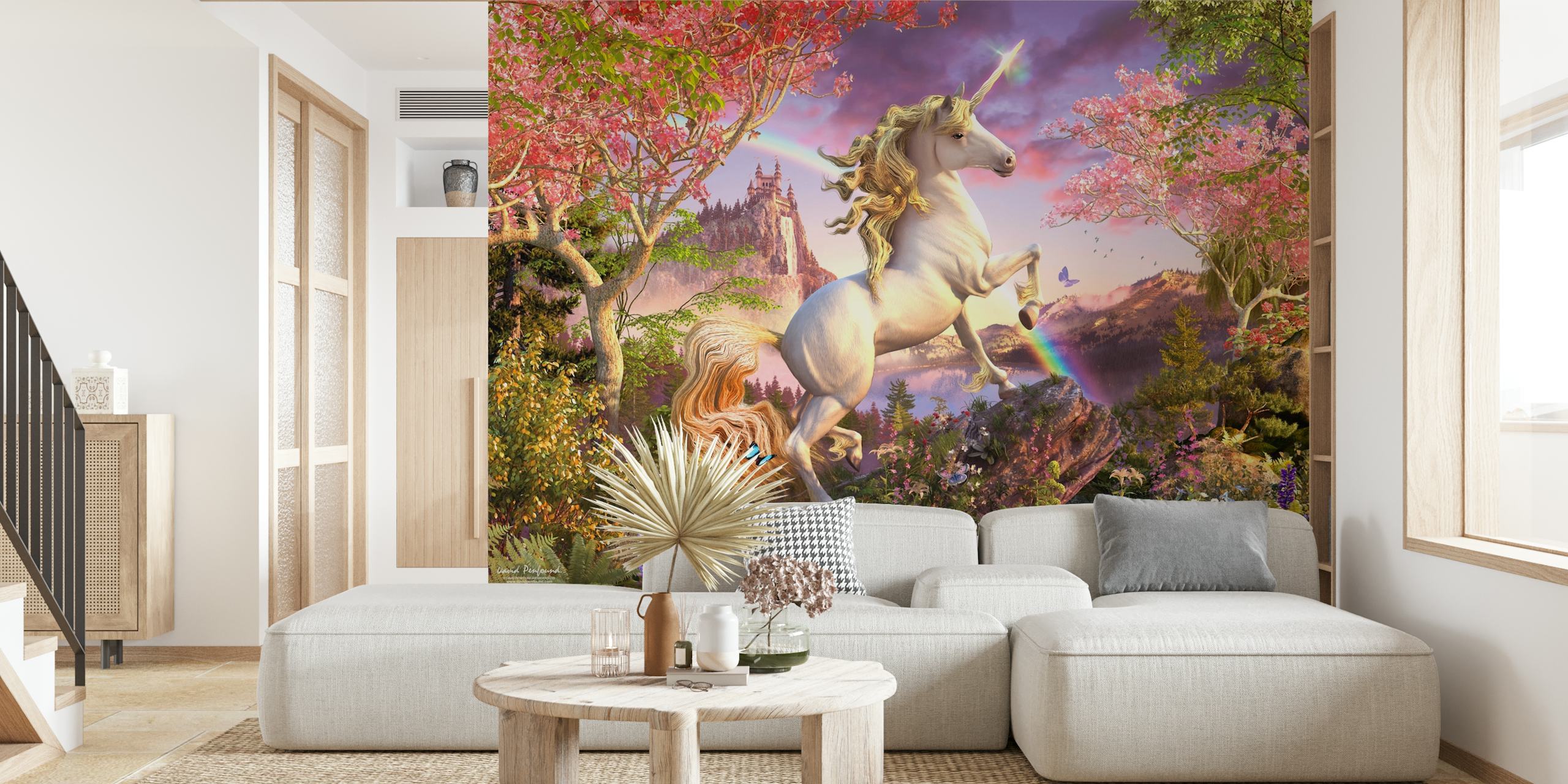 Mural de parede de unicórnio mágico com flores desabrochando e castelo de conto de fadas