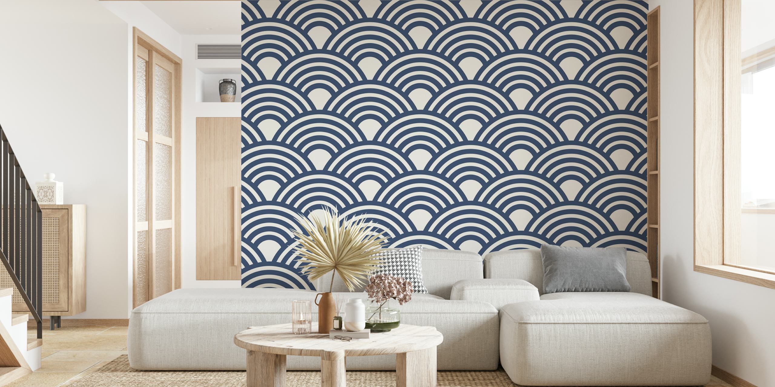 Navy blue wave pattern with circular arches wallpaper