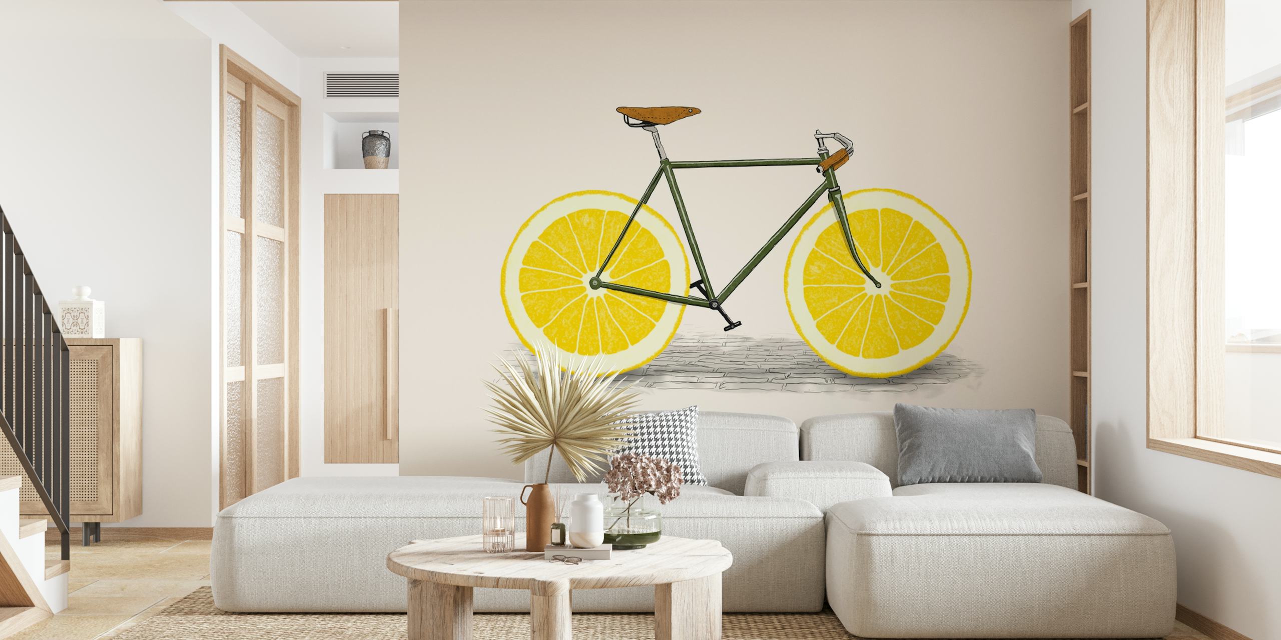 Illustration of a bicycle with lemon wheels on light background wallpaper