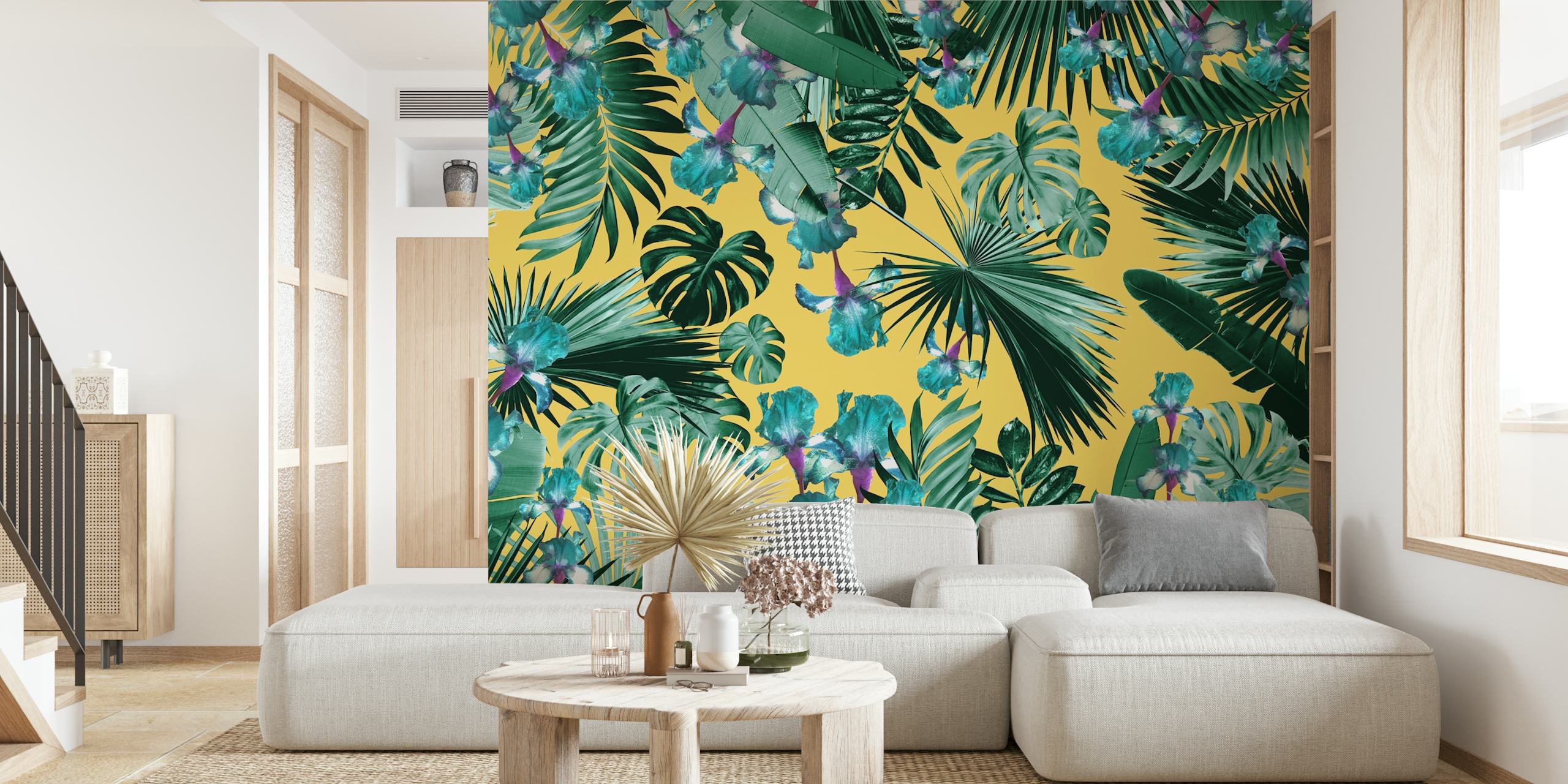 Tropical leaves and colorful flower wallpaper with yellow background