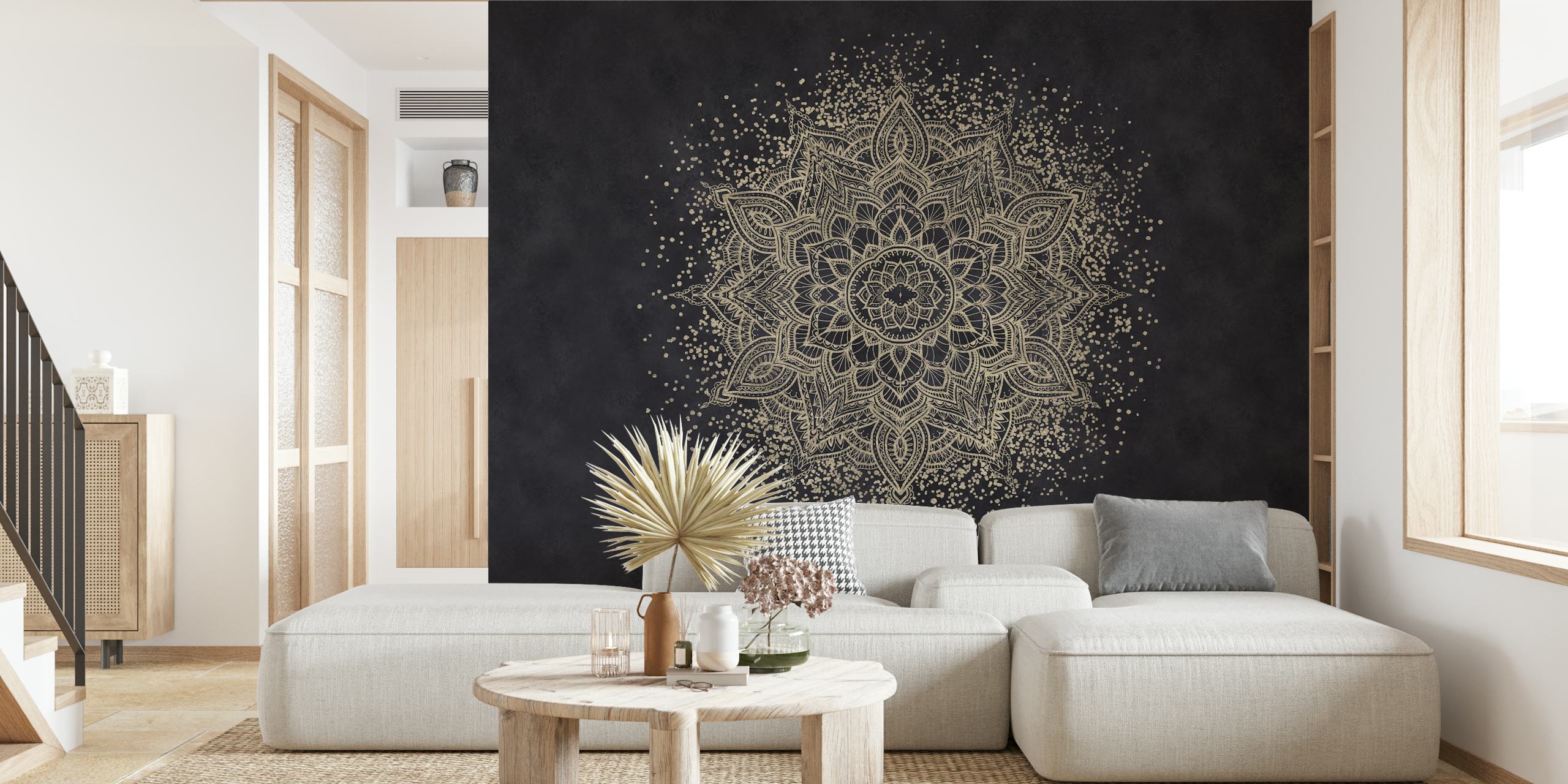 Black gold mandala design with intricate patterns wallpaper