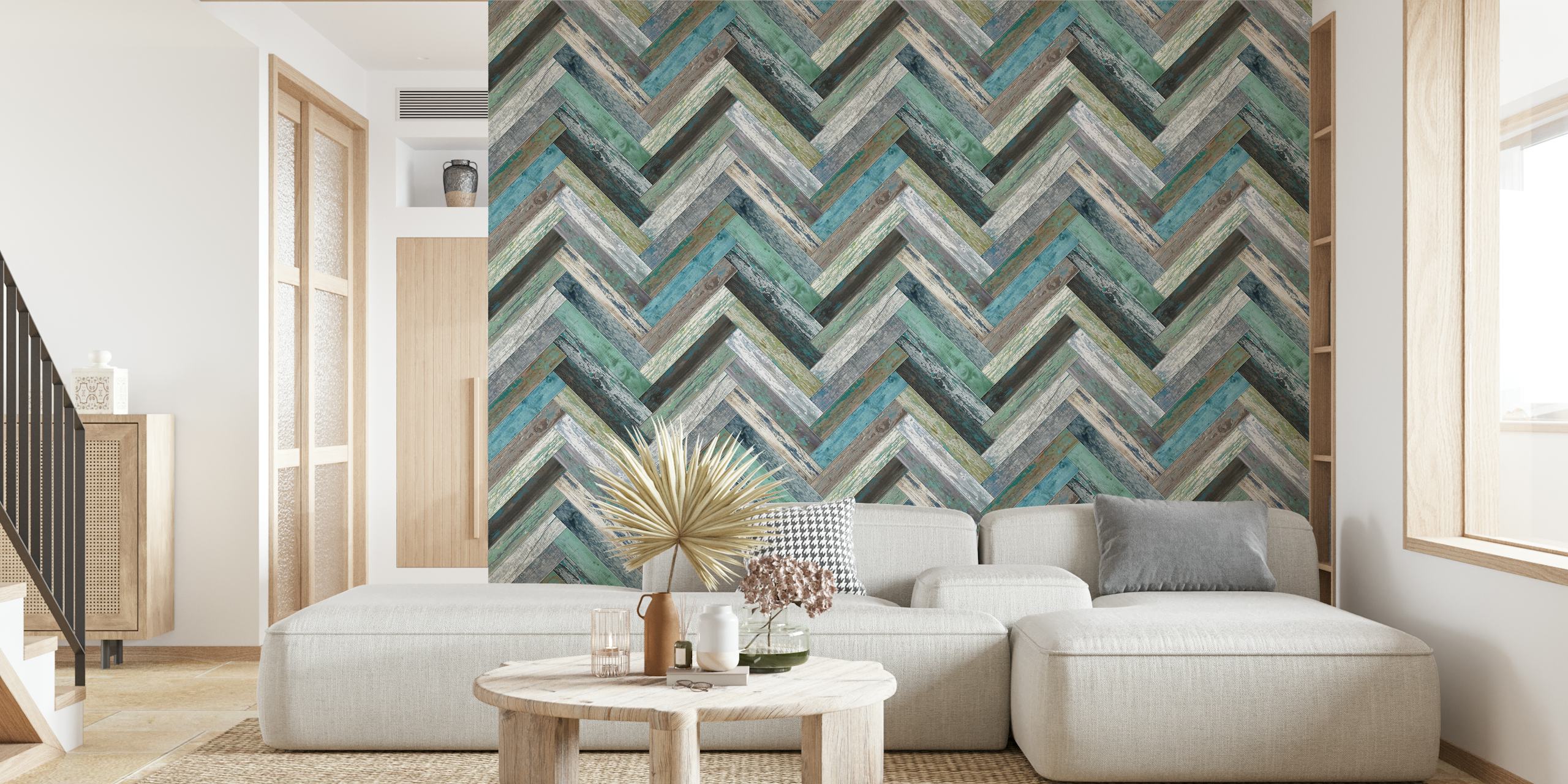 Wandbild „Chevron Wood Green Blue“ mit einem Chevron-Muster in Blau- und Grüntönen.
