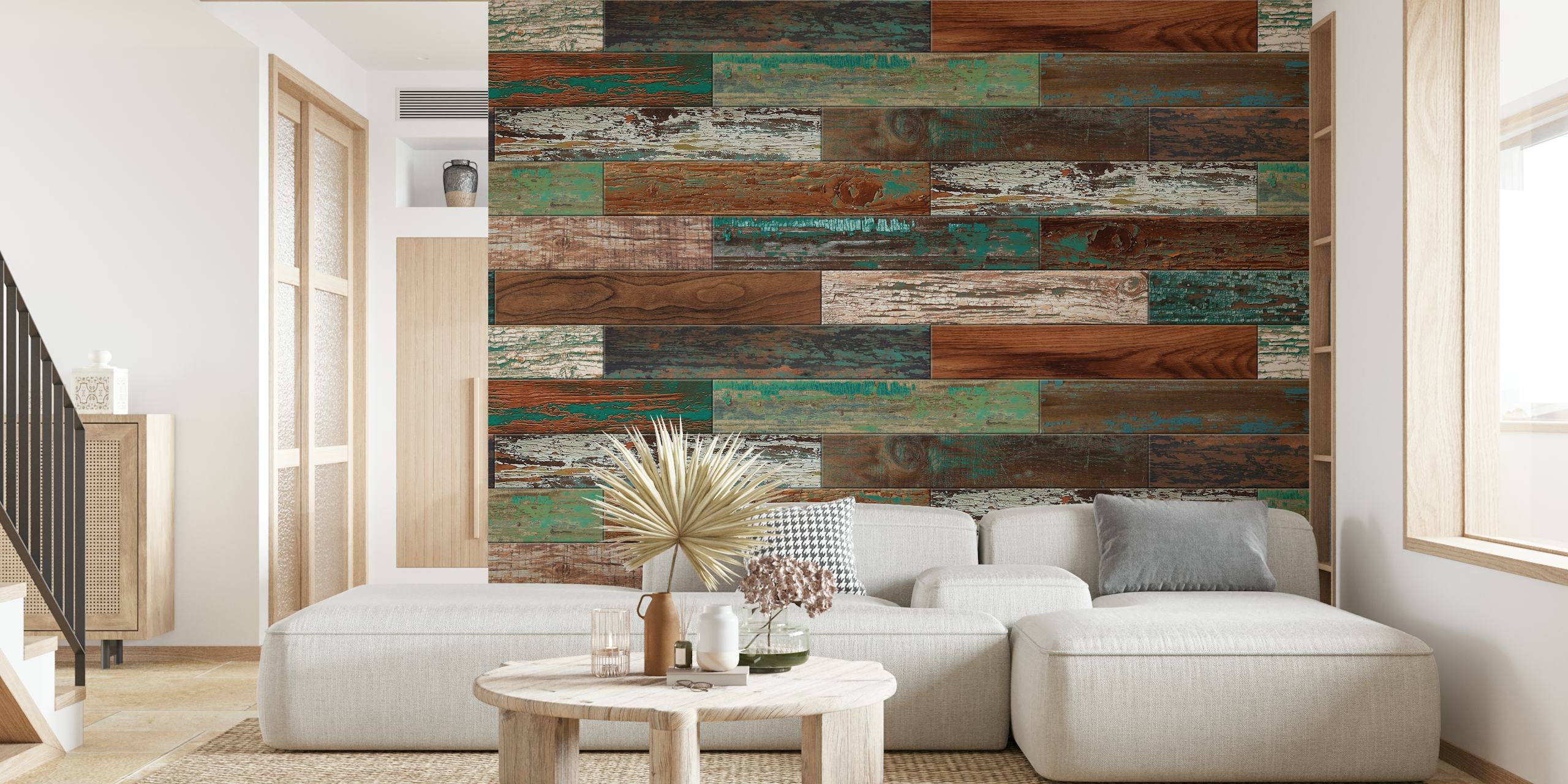 Reclaimed Boat Wood Green Rust behang in een kamer