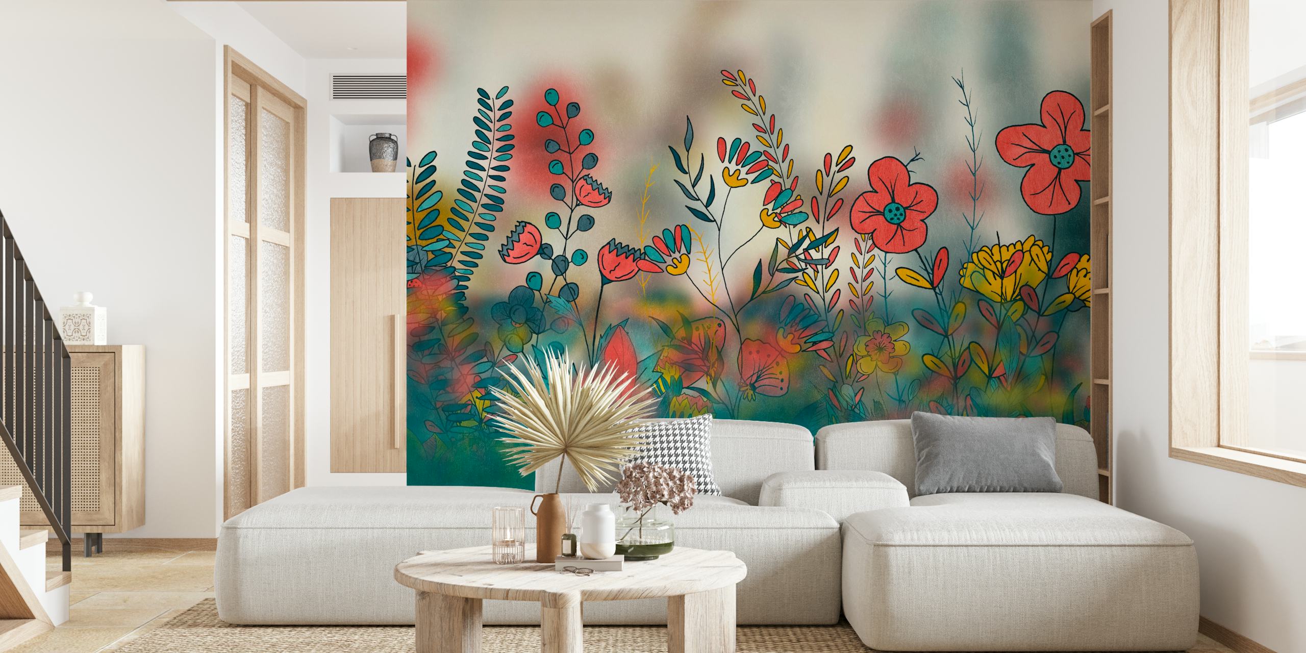 Bright red flowers, blue foliage, and yellow accents floral wallpaper
