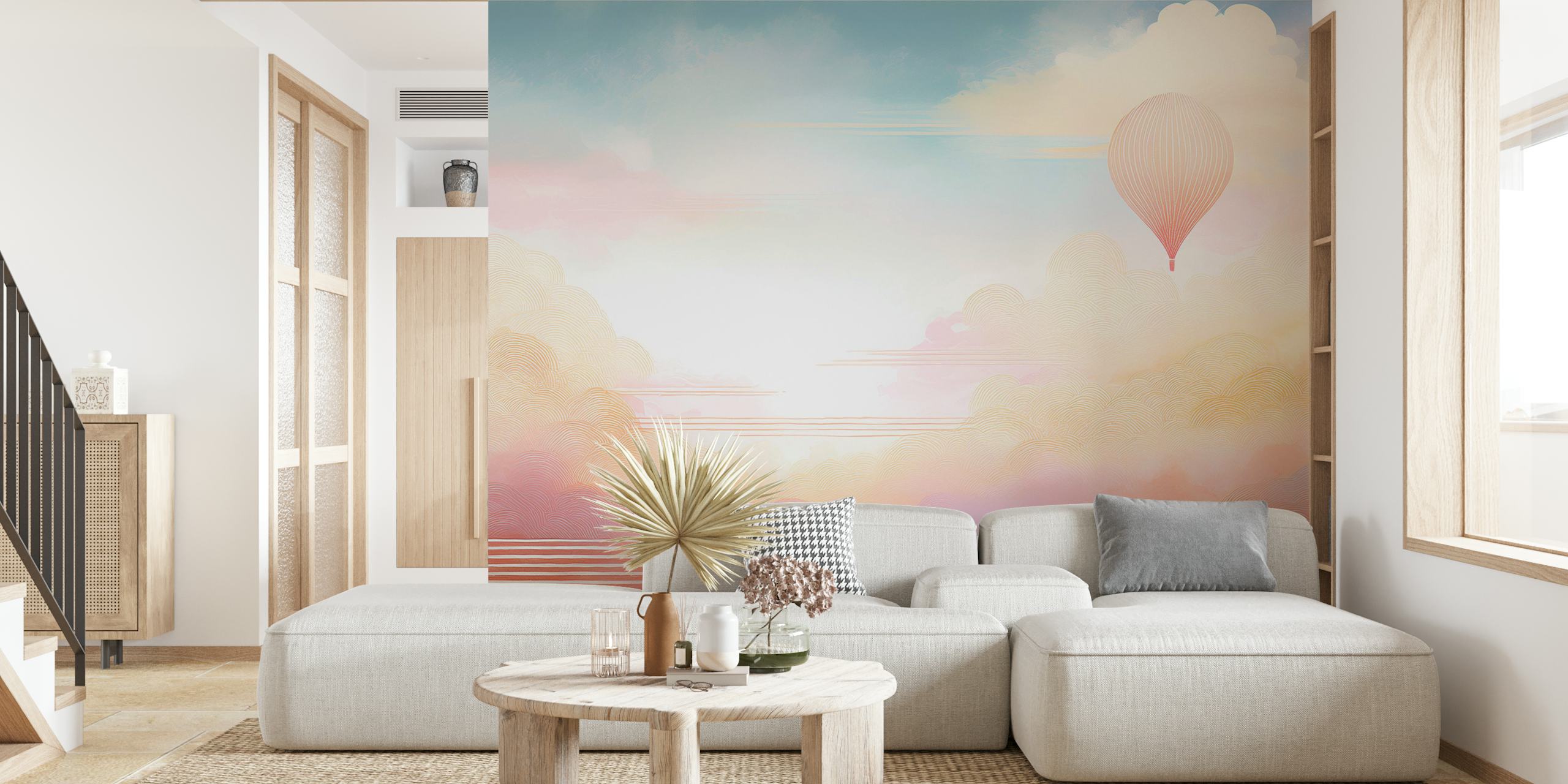 Pastel hot air balloon, soft clouds, sky blue wallpaper
