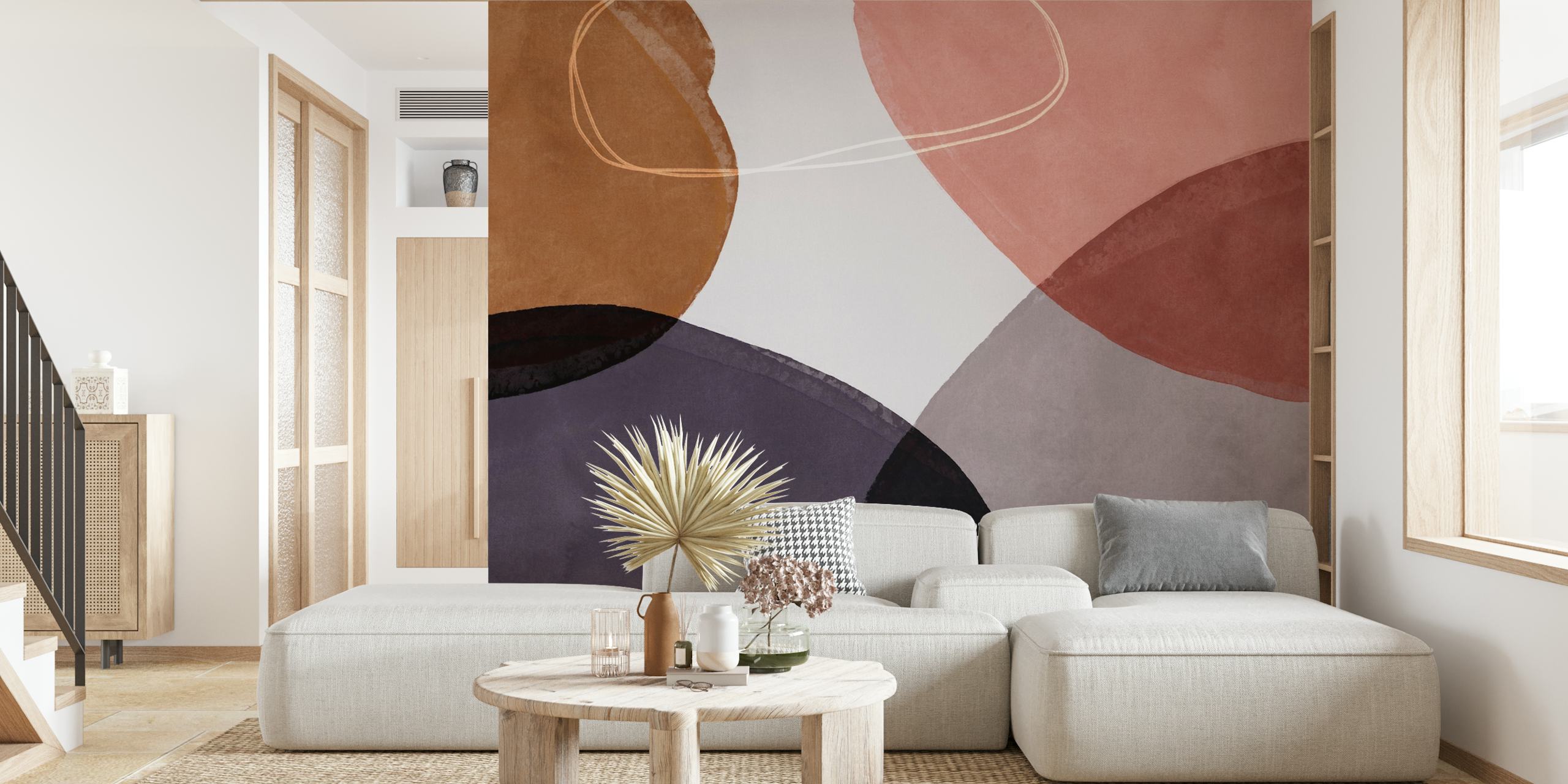 Abstract geometric shapes wall mural with circles and soft-edged polygons in muted colors
