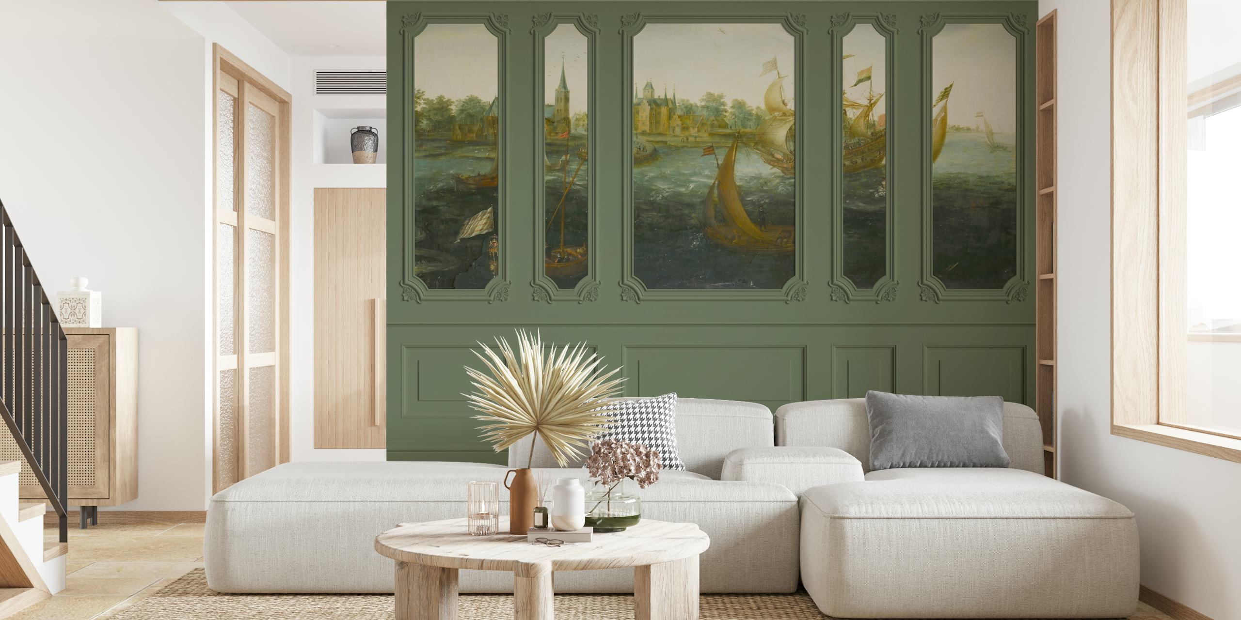 Sailing ships and coastal scenery in viridian green wallpaper