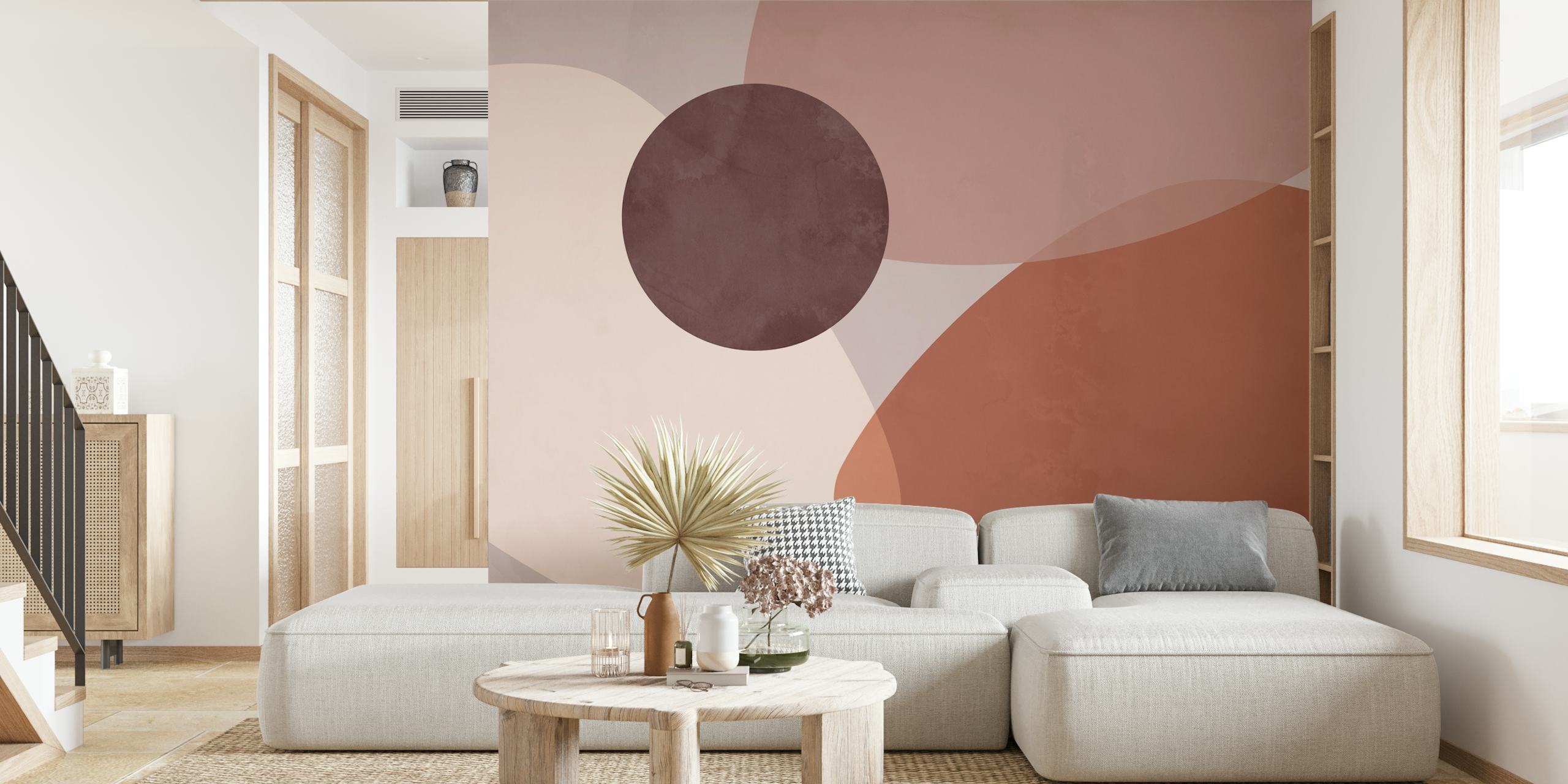 Abstract earth tone shapes in brown, beige, and terracotta wallpaper