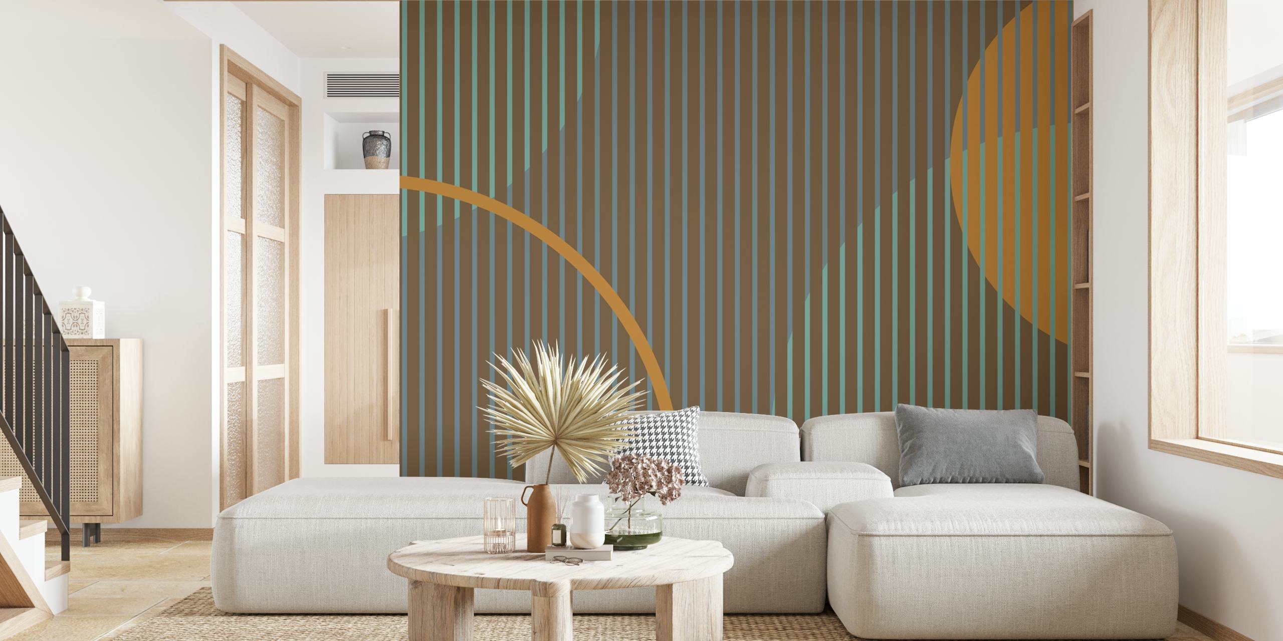 Geometric pattern with ochre, earthy brown, and blue stripes wallpaper
