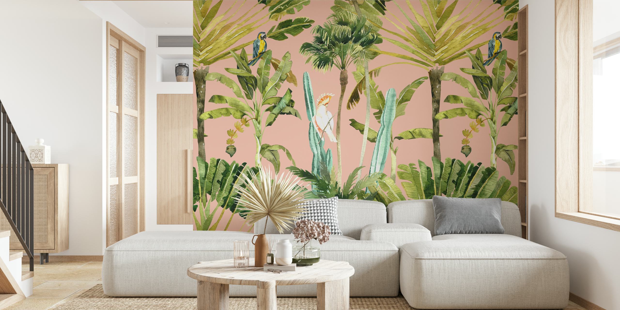 Behang met Birds in Jungle Foliage on Soft Pink in een kamer