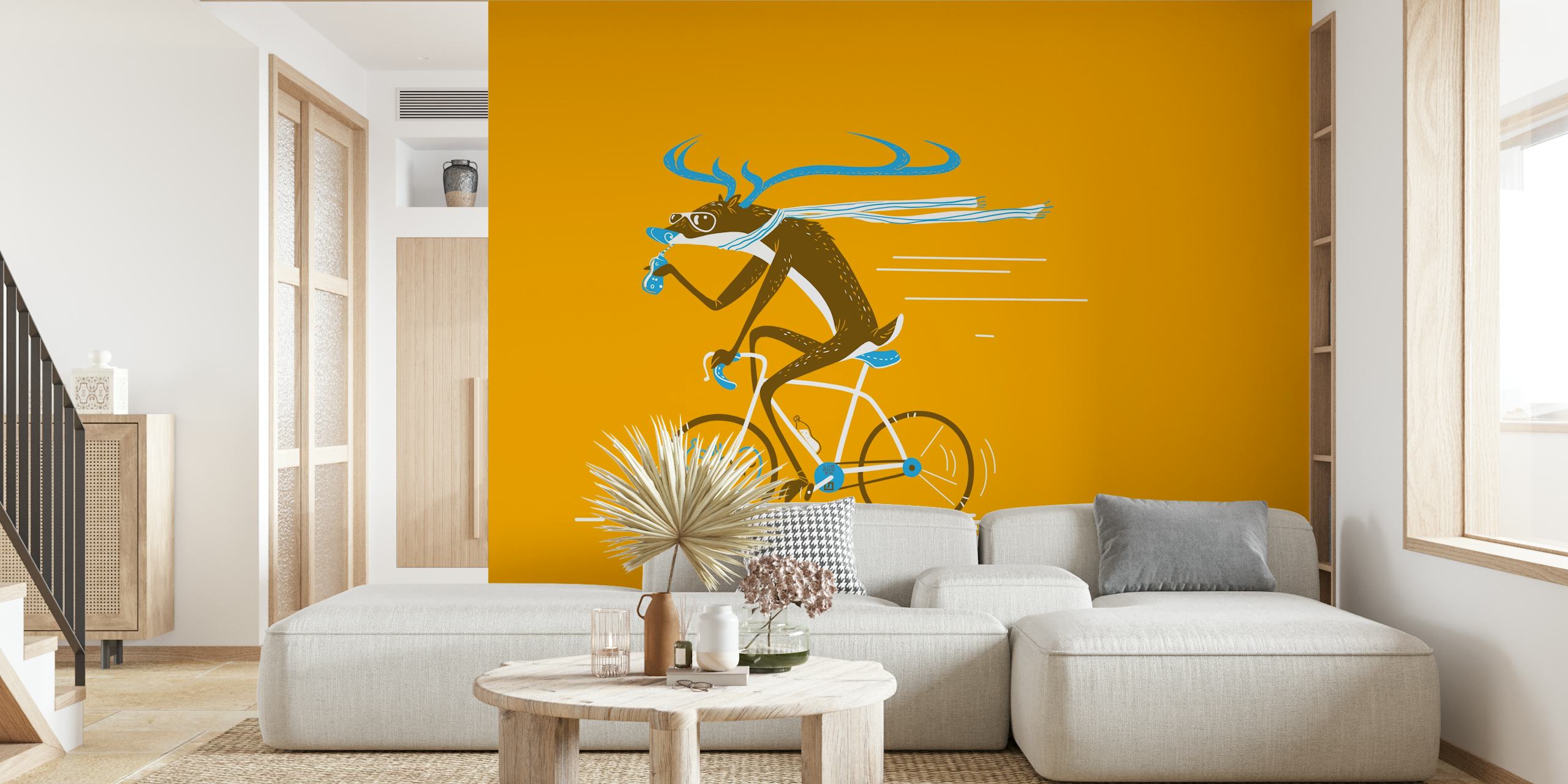 Whimsical deer riding a bike with vibrant yellow background wallpaper