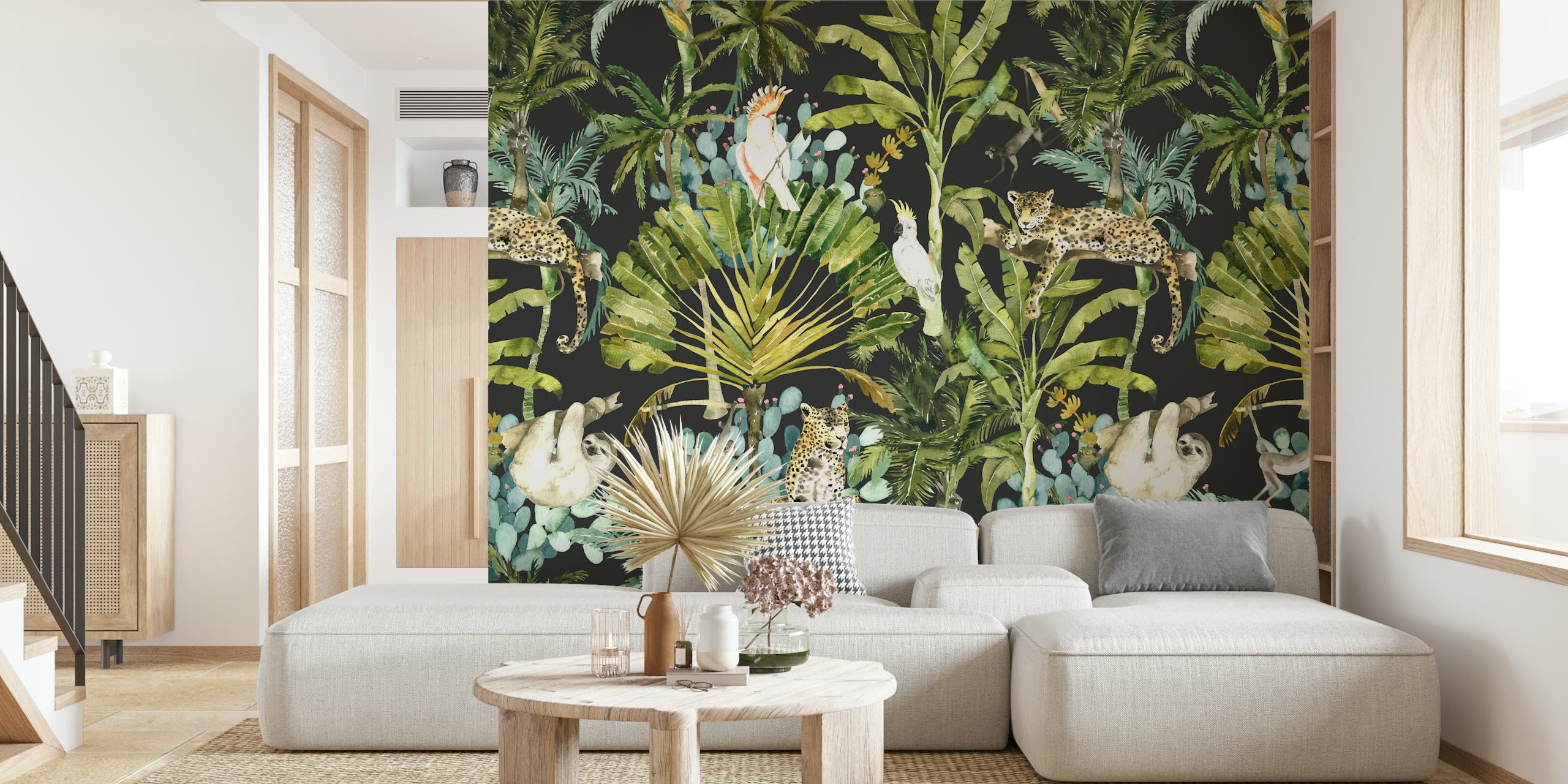 Watercolor rainforest wallpaper with leopards and monkeys