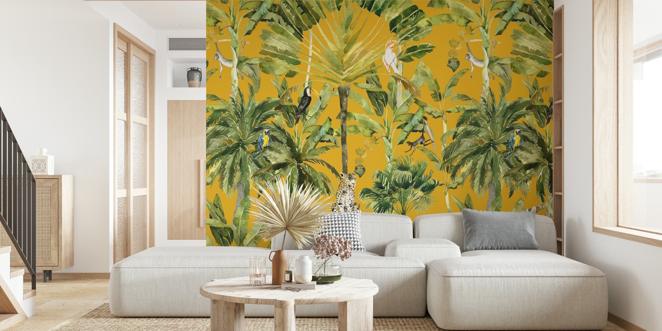 Rainforest wallpaper, jossa on leopardeja ja papukaijoja