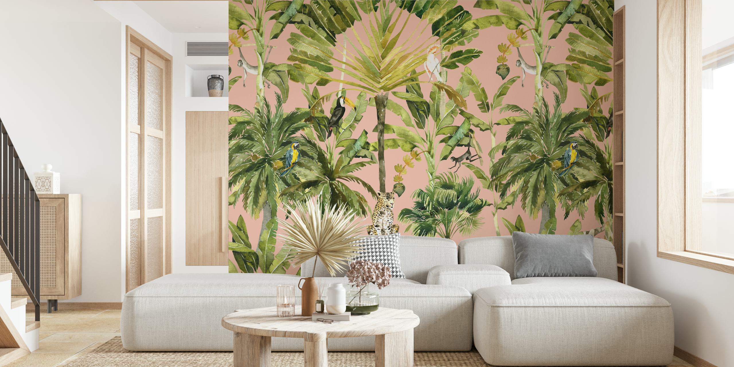 Tropical Wildlife in Watercolor Style Tapete in einem Zimmer