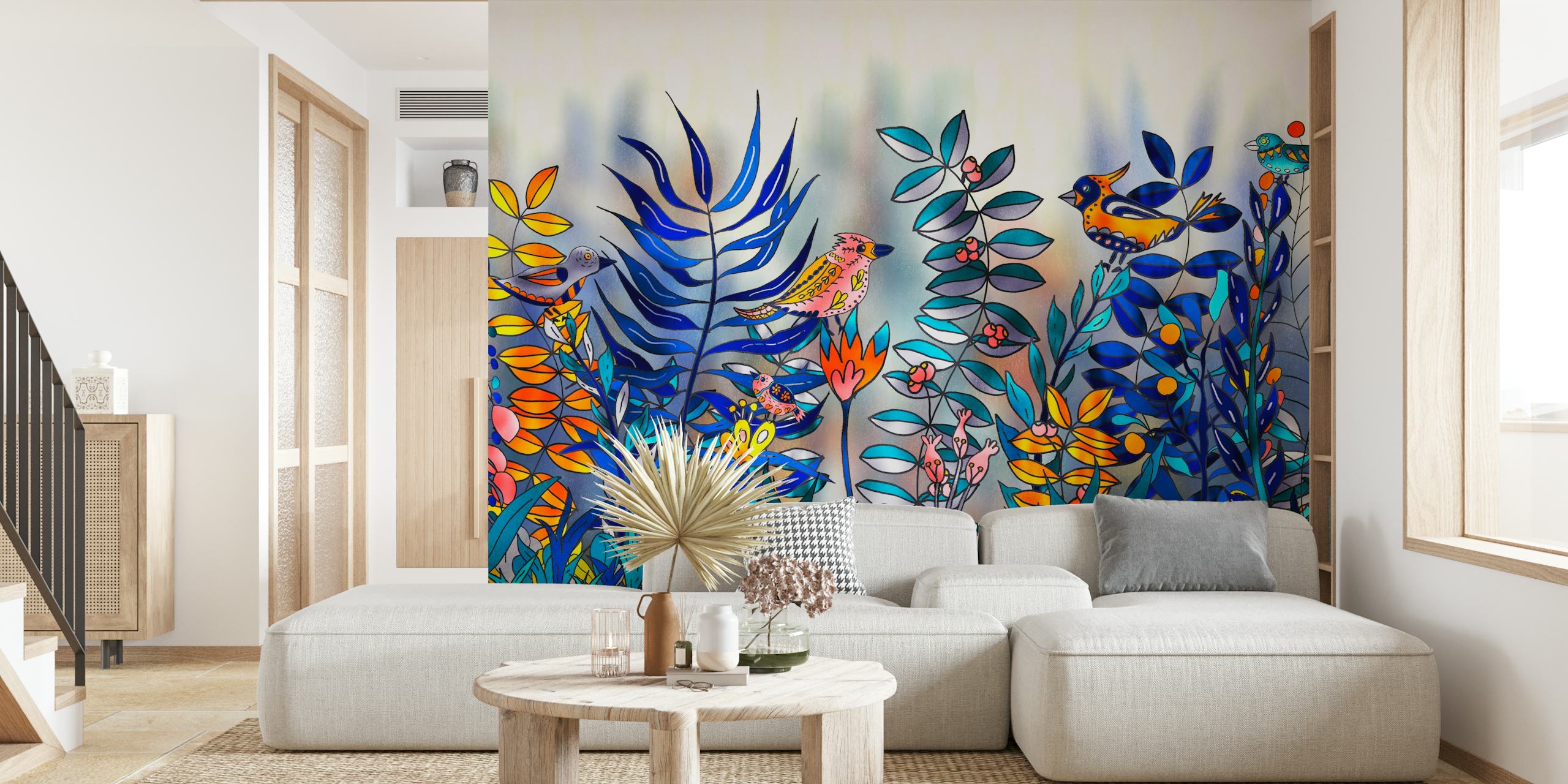 Colorful birds and flowers on blue backdrop wallpaper