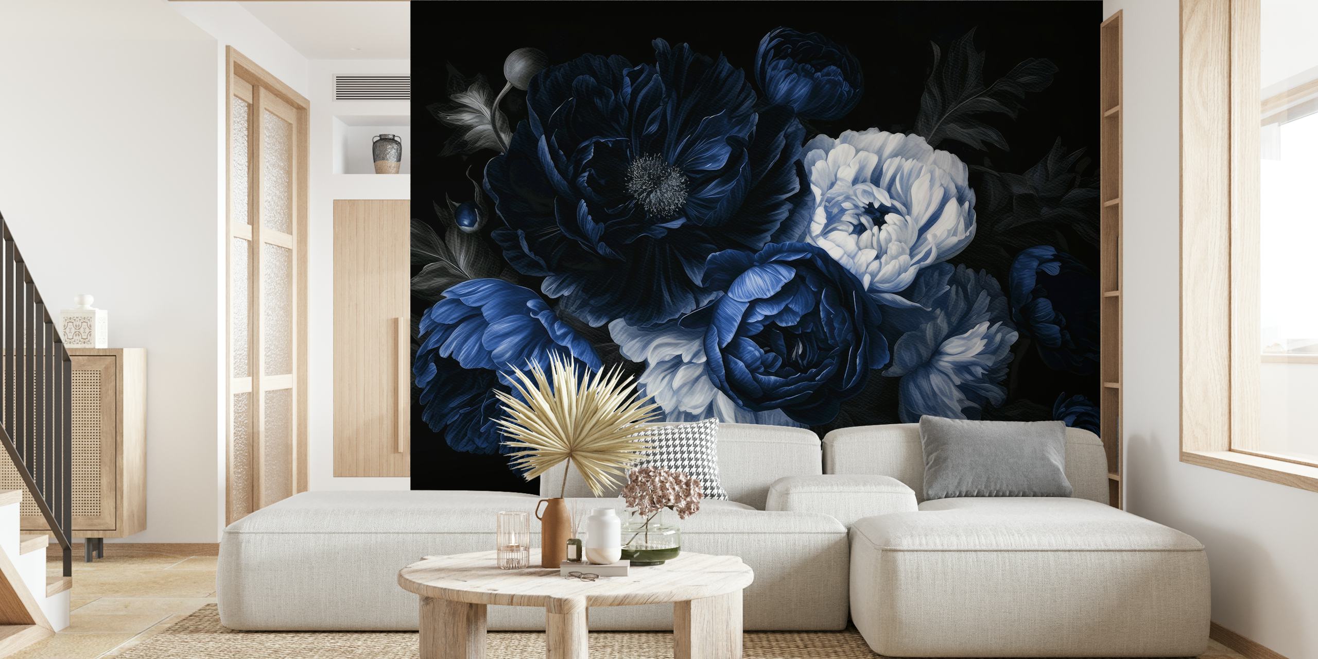 Dark navy flowers and white peonies with leaves wallpaper