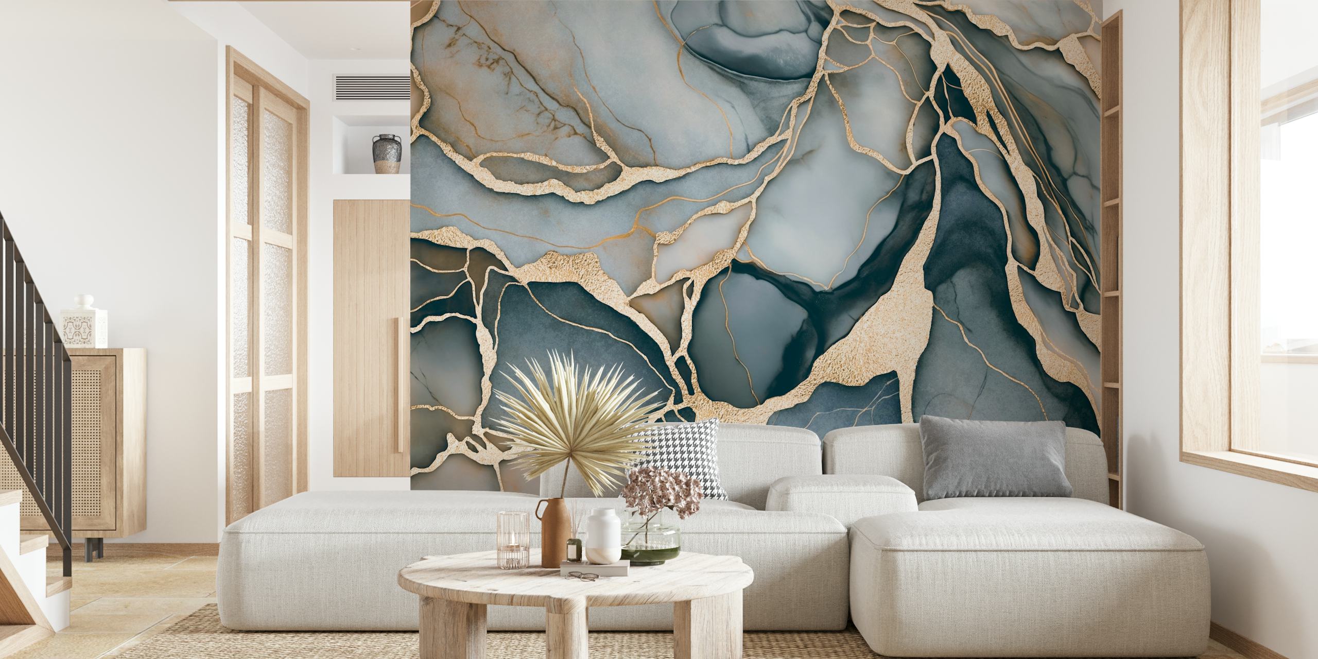 Gold and blue marbled pattern with golden veins wallpaper