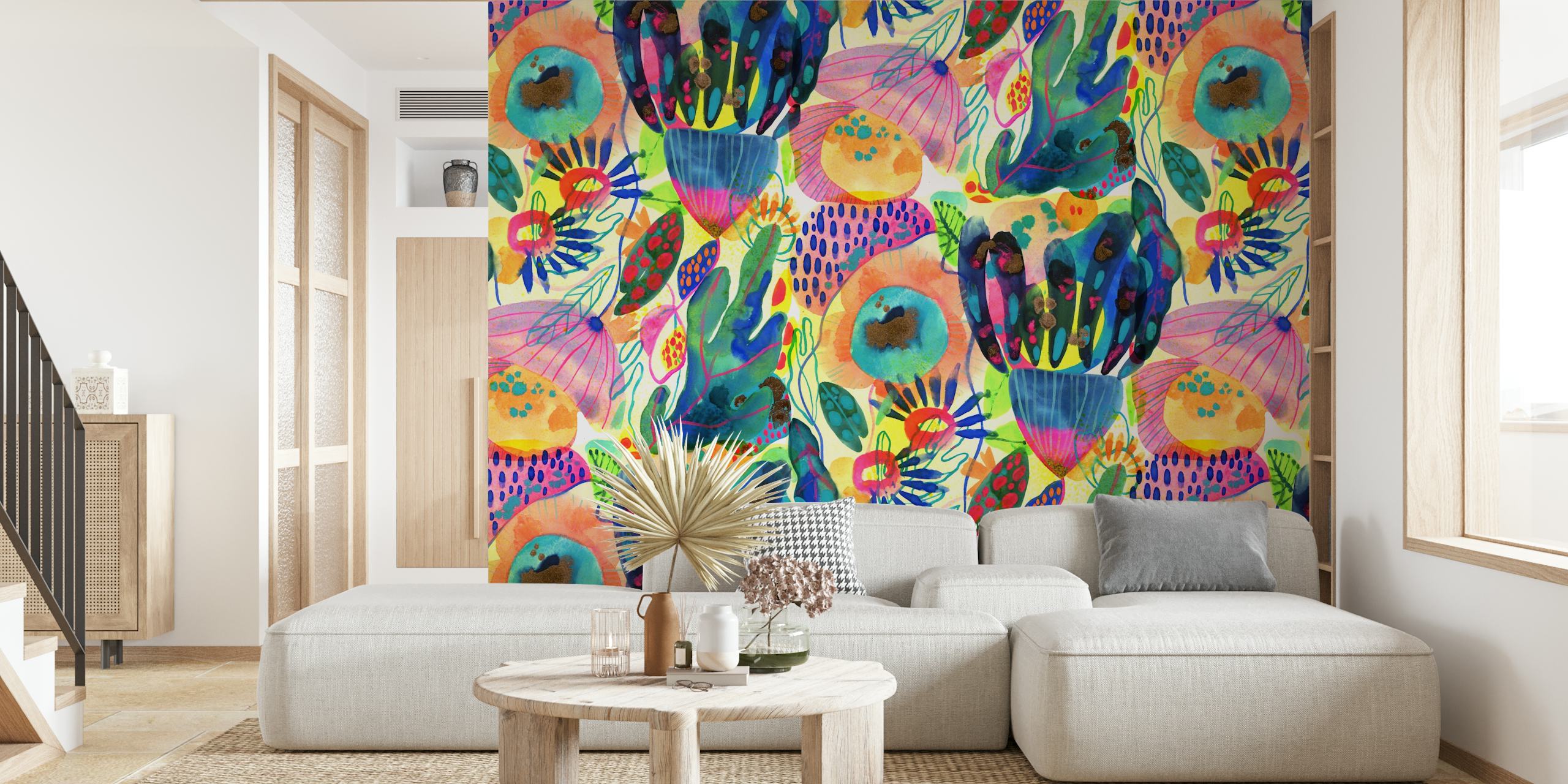 Colorful tropical flowers and leaves pattern wallpaper