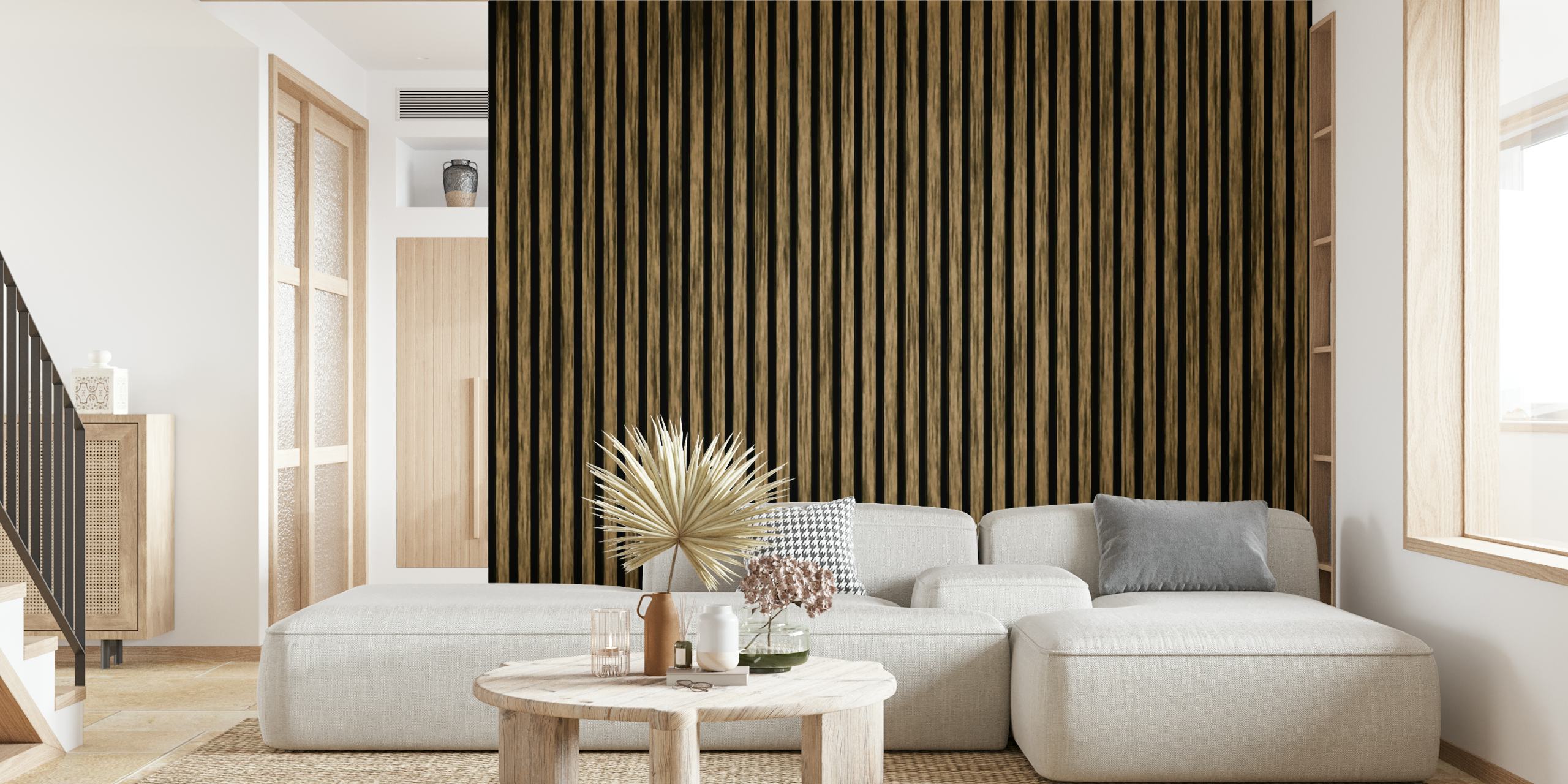 Vertical wood panel design in black and brown tones wallpaper